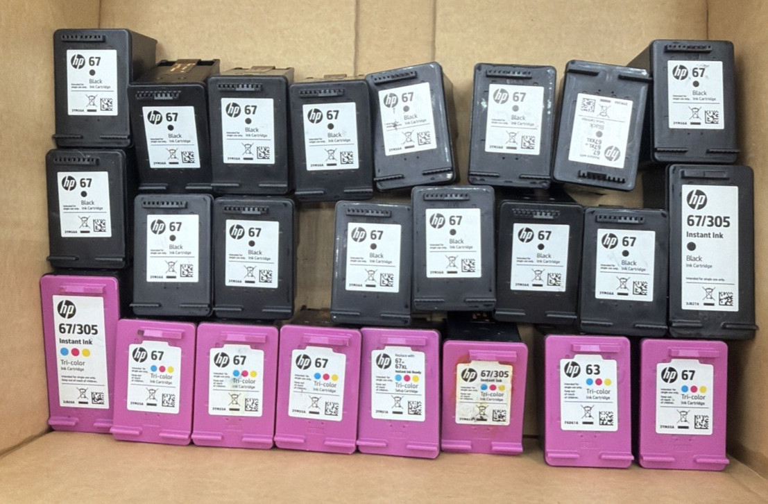 a huge Mixed Lot of 24 EMPTY& HP 67 305 xl INK CARTRIDGES BLACK & TRICOLOR