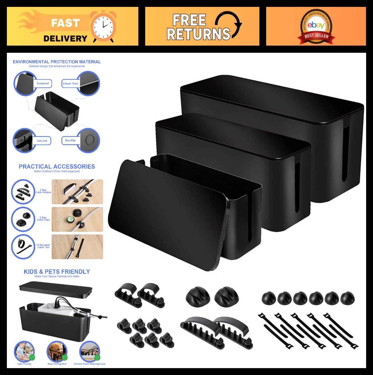 3 Pack Cable Organizer Box - Cable Management Solution for Surge Protectors & Wi