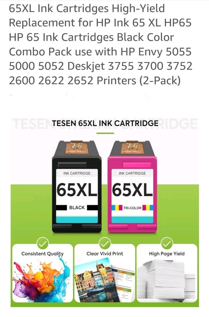 65XL 65 Ink Cartridge For HP ENVY 5010 5055 5052 Deskjet 2600 2652 2636 Printer