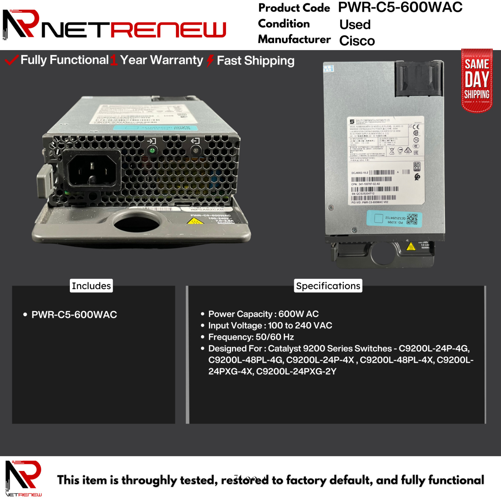 Cisco PWR-C5-600WAC  600W AC Config Switch Power Supply