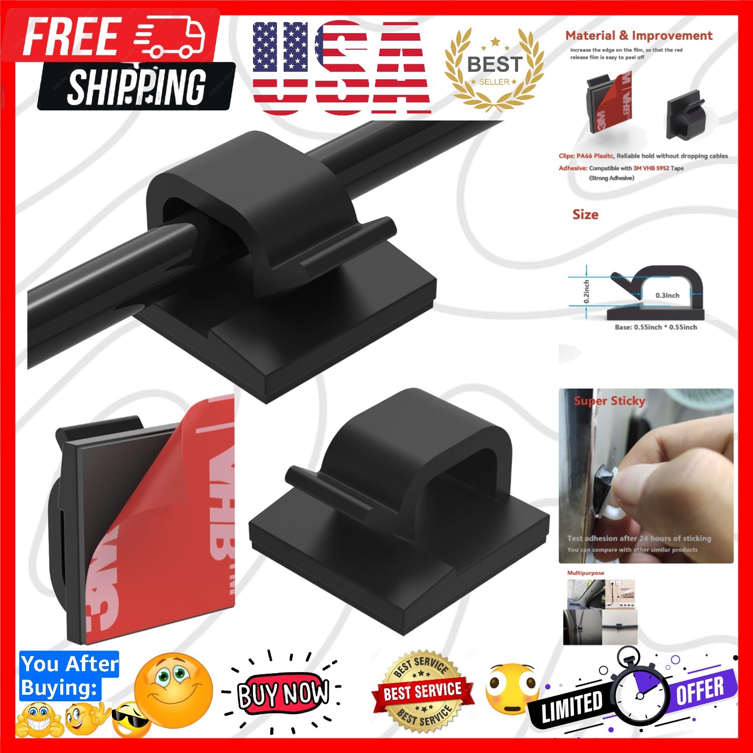 40Pack Adhesive Cable Clips, Wire Holders for Desk Wall Car, Black