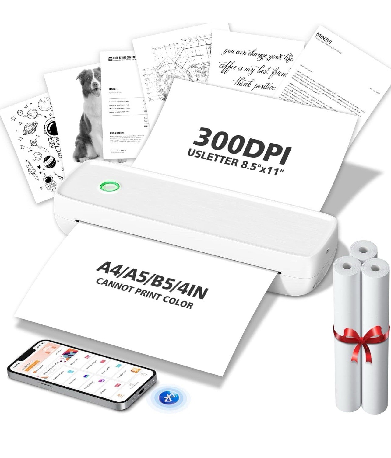 MinZhi Portable Thermal Printer,Wireless Supports 8.5" X 11"US Letter Bluetooth