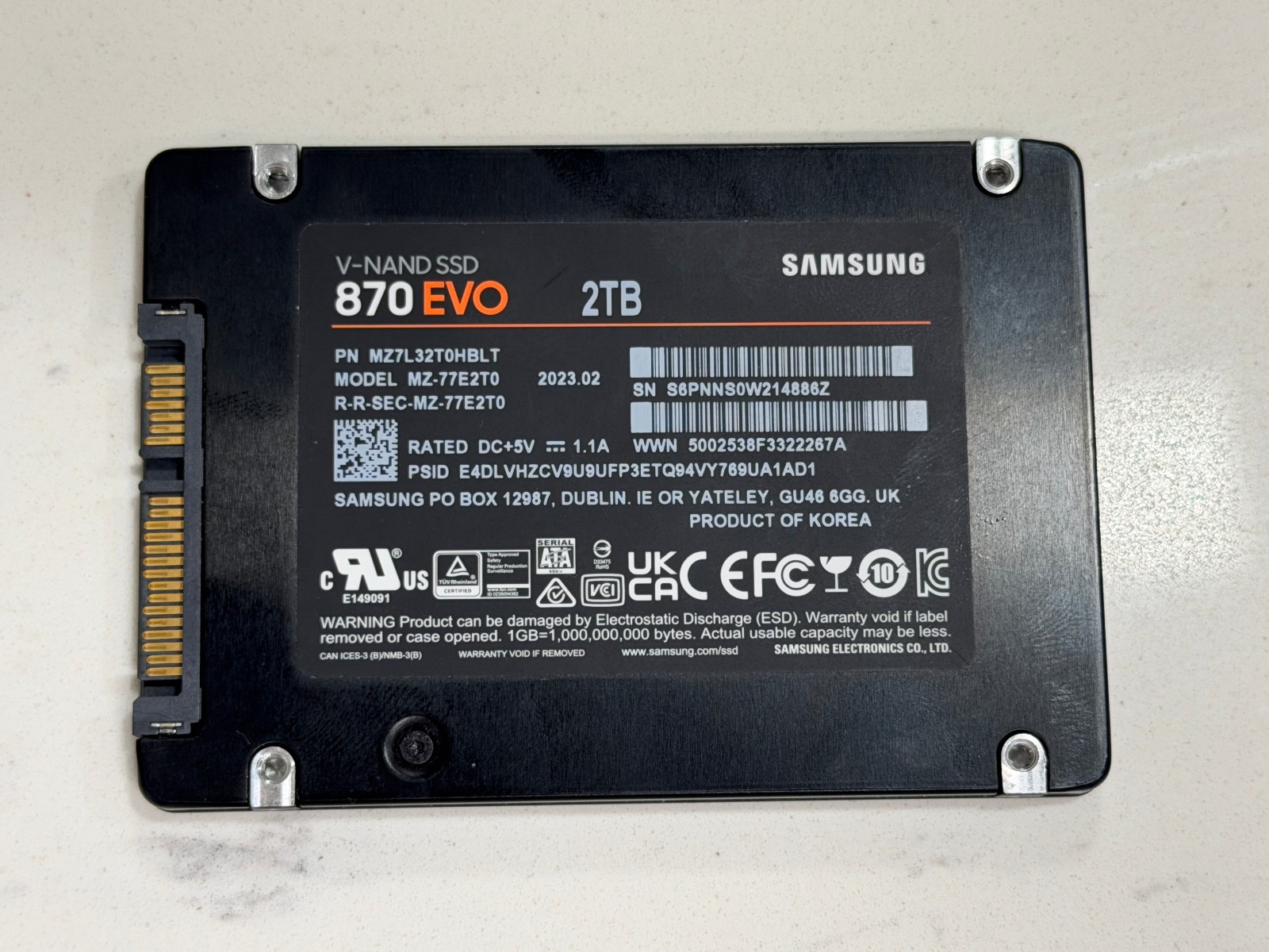 Used Samsung 870 EVO V-NAND 2TB 2.5" SATA III SSD MZ-77E2T0
