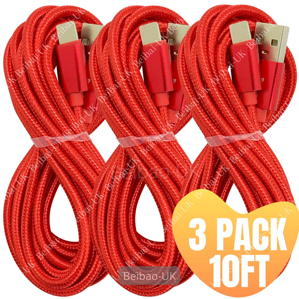 3 Pack 10Ft USB Charger Cable For Apple iPhone 11 XR 8 7 iPad Charging Data Cord
