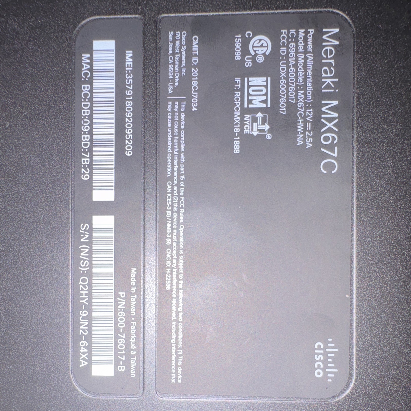 Cisco Meraki MX67C Desktop Firewall Appliance, MPN MX67C-HW-NA / 600-76017-B