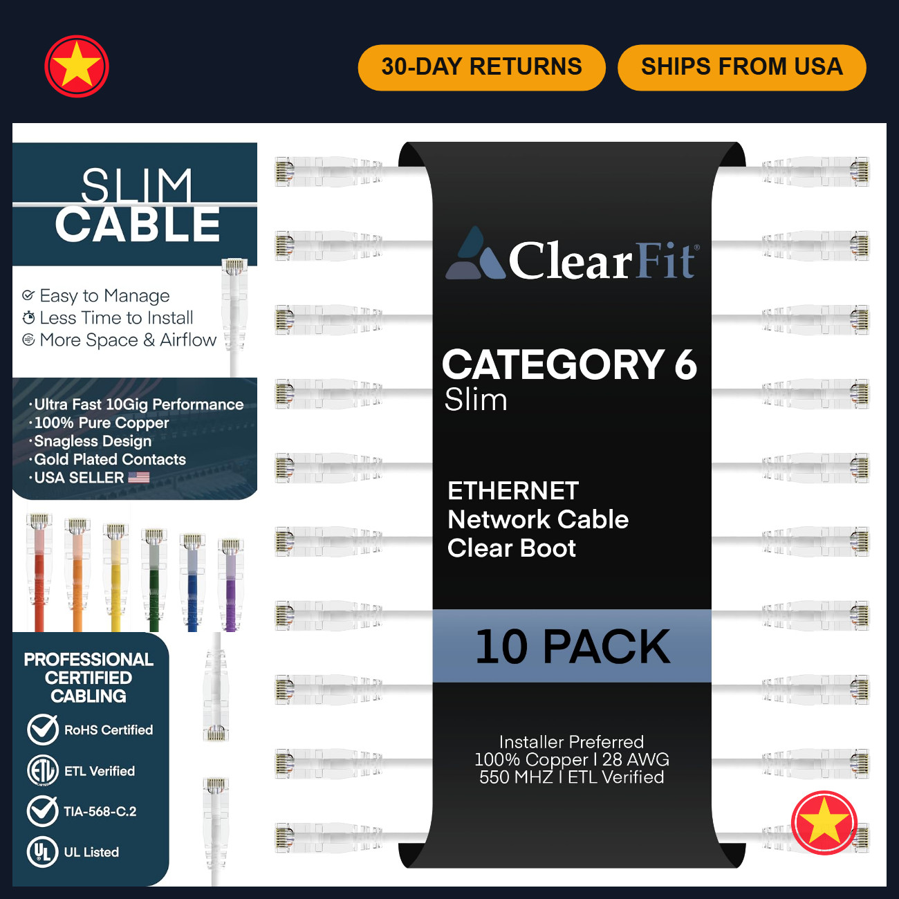 Slim 10-Pack 7FT Cat6 Ethernet Cables, 28AWG High-Speed LAN Patch Cord, Clear Bo