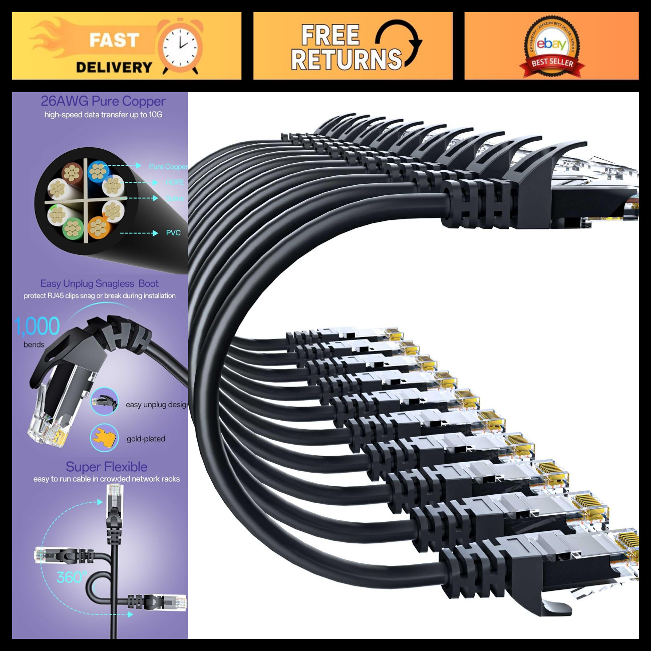 25FT Cat 6 Ethernet Cable 10-Pack, High-Speed 10Gbps UTP Network Cable, Pure Cop