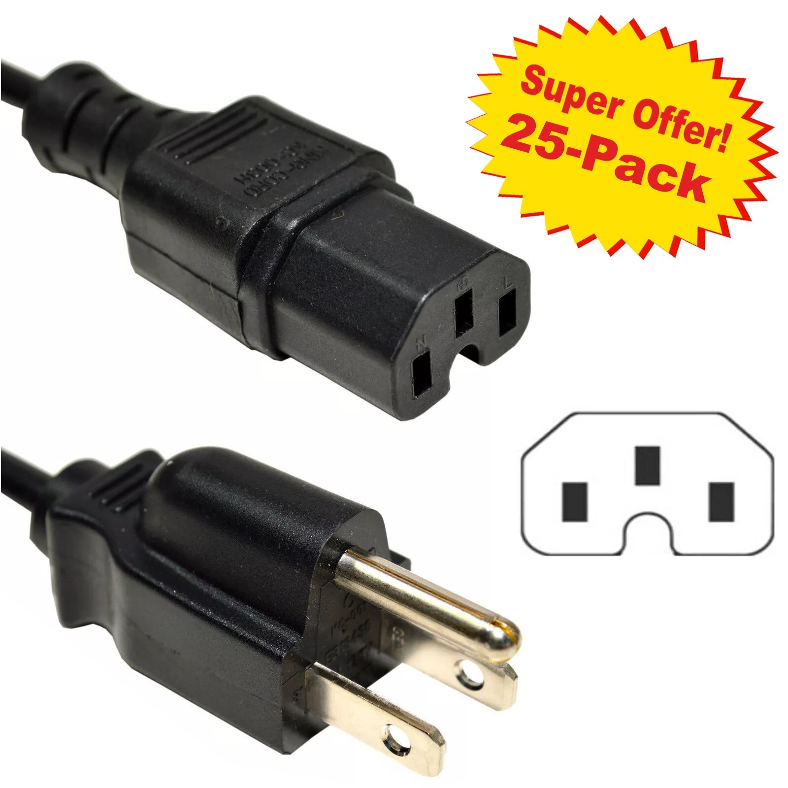 Lot of 6ft Heavy-Duty AC Cord 10A 18AWG IEC-C15 to NEMA 5-15P IEC-320-C15 Black
