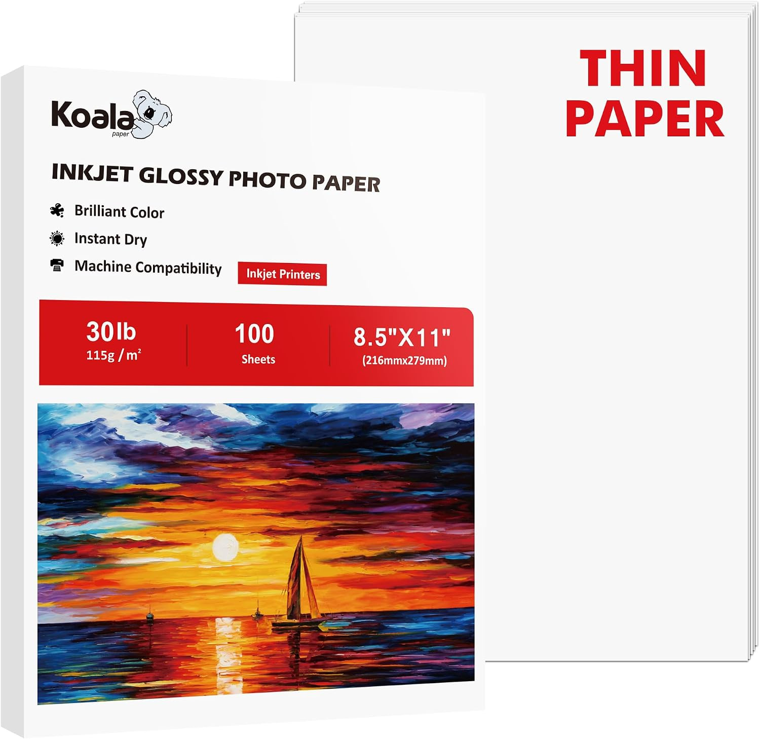 Koala Glossy Thin Inkjet Paper 8.5X11 Inches 100 Sheets 30LB