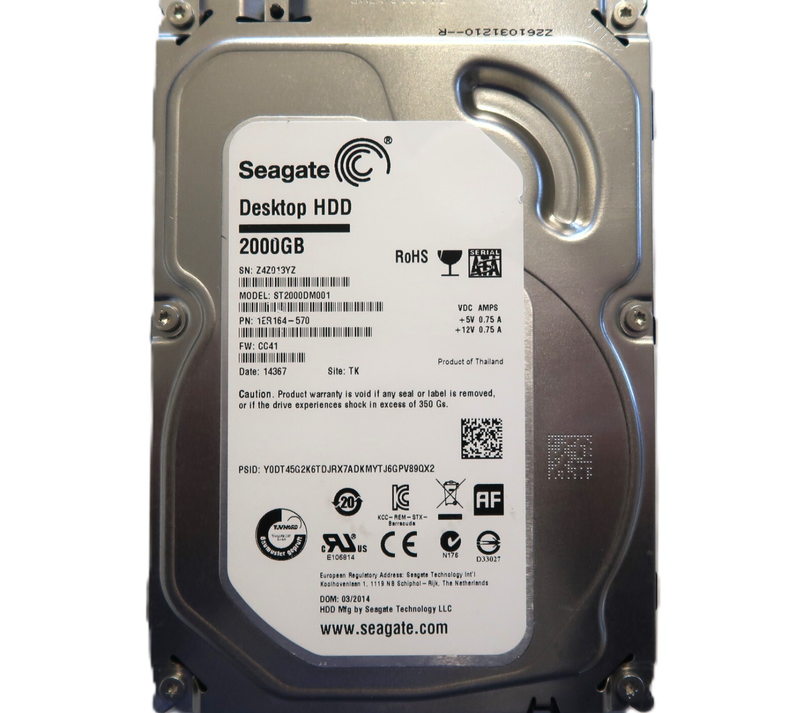 Seagate ST2000DM001 1ER164-570 CC41 TK Thailand (Z4Z0) 3.5" 2TB Sata HDD 03/2014