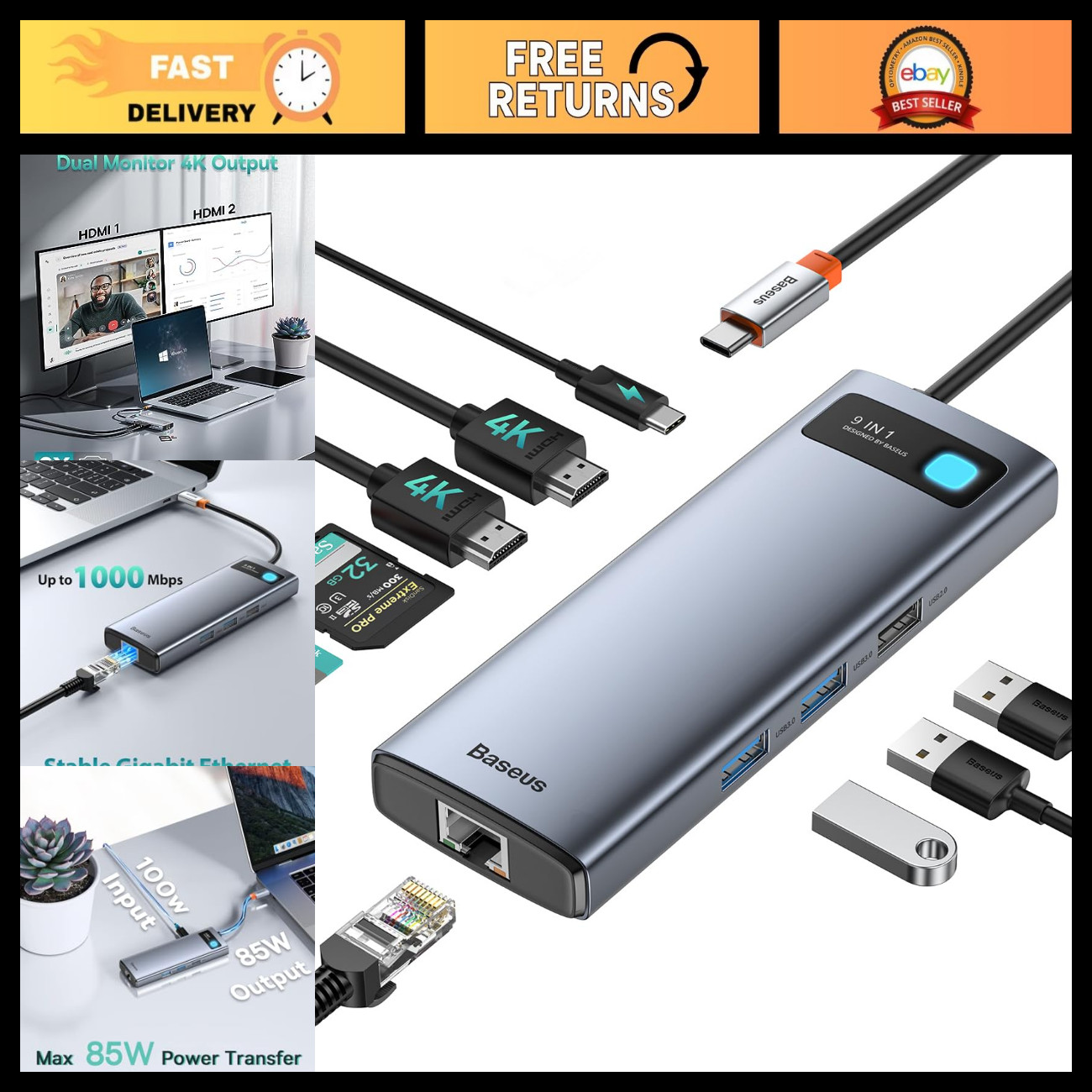 9-in-1 USB-C Hub Docking Station for Laptops, Dual Monitor Support, 4K@120Hz
