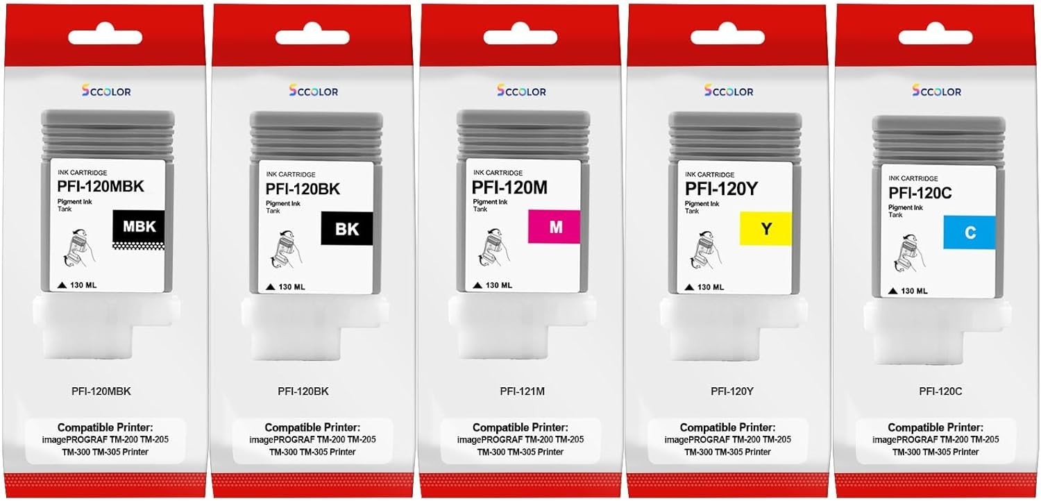PFI-120 Ink Tank 5 Pack for imagePROGRAF TM-200 TM-205 TM-300 TM-305 130ml