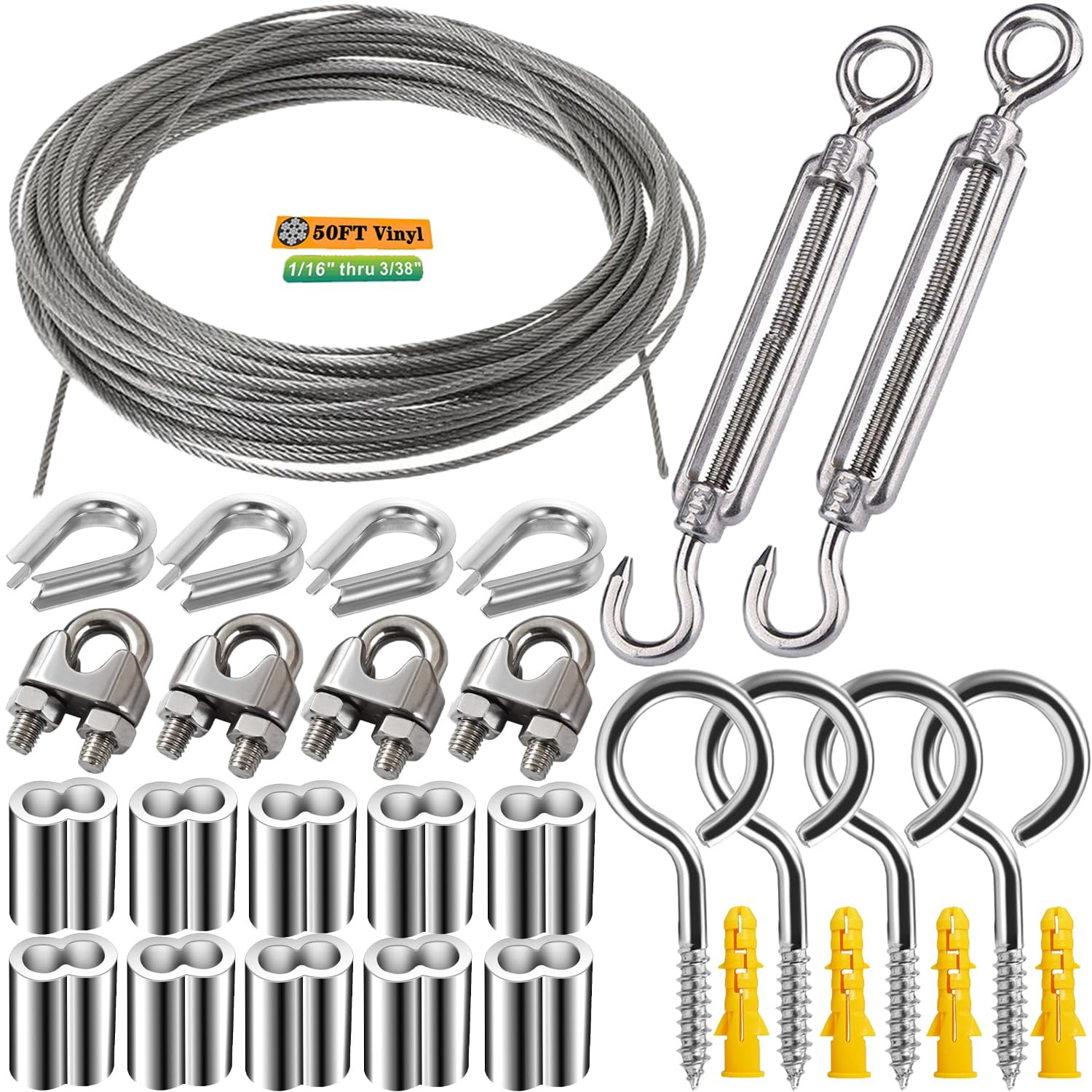 15m/50ft Vinyl Coated 304 Stainless Steel Wire Rope Kit with Turnbuckles