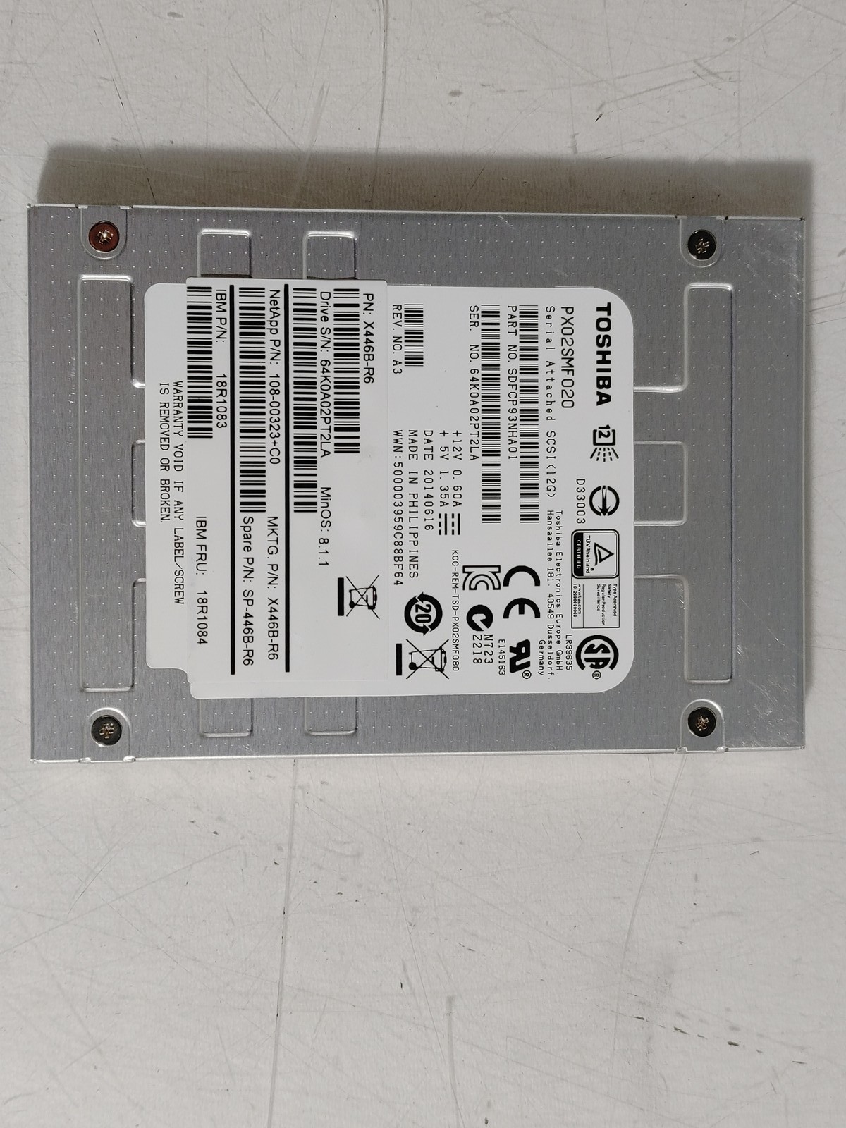 Lot of 2 Toshiba NetApp PX02SMF020 200 GB SAS 3 2.5 in Solid State Drive
