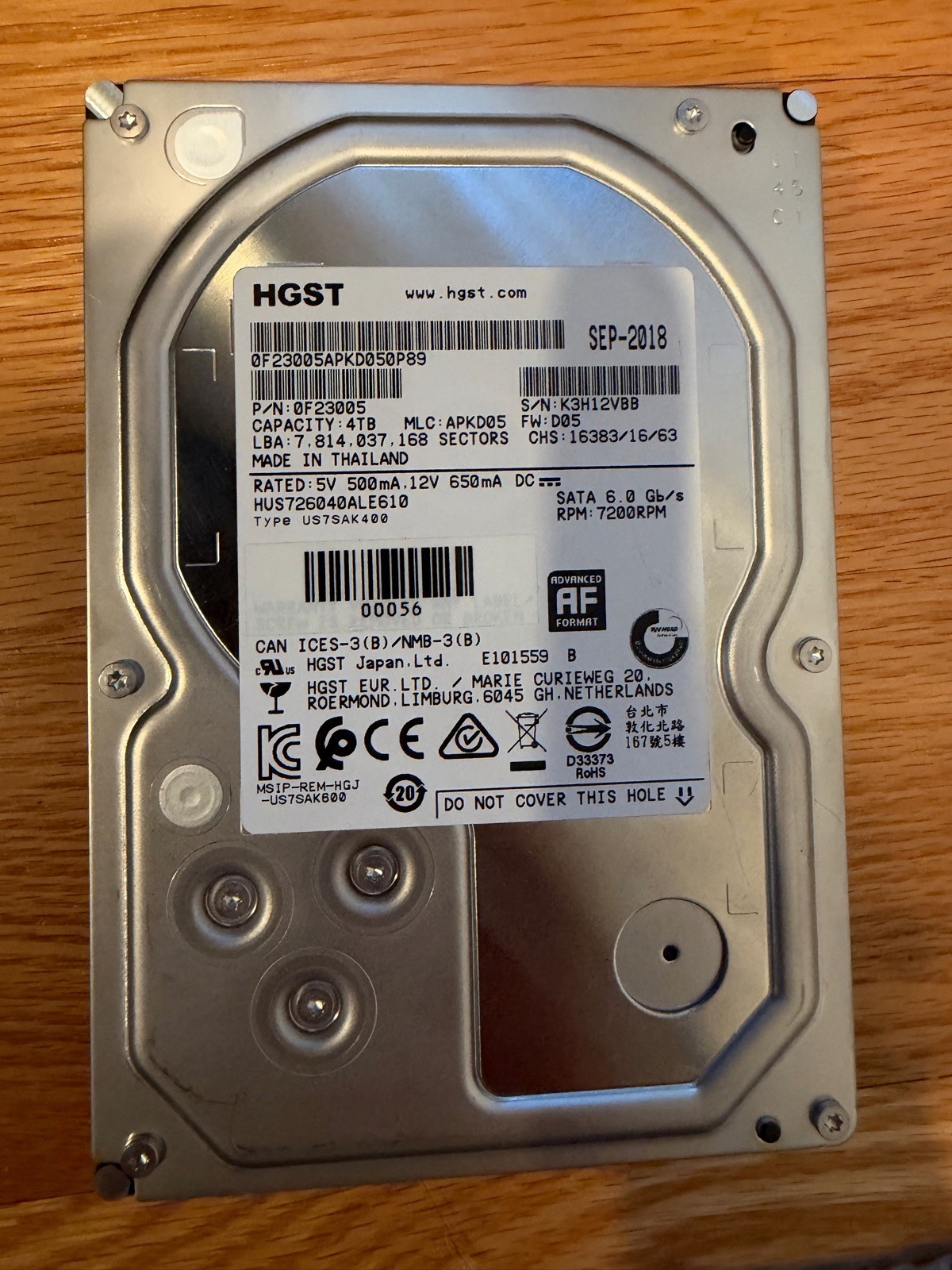 HGST Ultrastar 7K6000 4TB 3.5" SATA 6Gb/s 7200RPM HDD HUS726040ALE610 0F23005