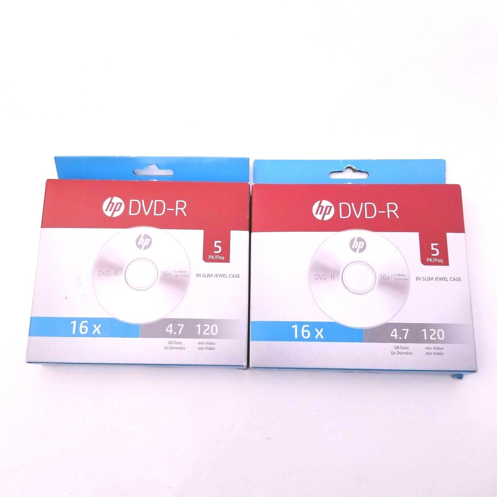 HP DVD-R 5pk 4.7GB 16X 120 Min Video in Slim Jewel Case Recordable Lot of 2 NEW