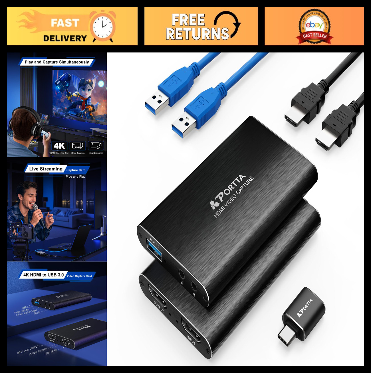 HDMI Video Capture Card 1080P60, Ultra-Low Latency, USB 3.0, 4K HDMI Loop Out, G