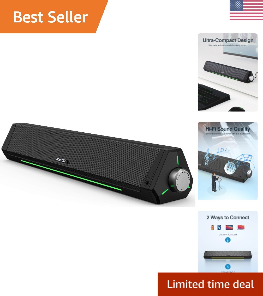 Bluetooth Computer Soundbar - HiFi Stereo - USB Powered - Slim Compact Design