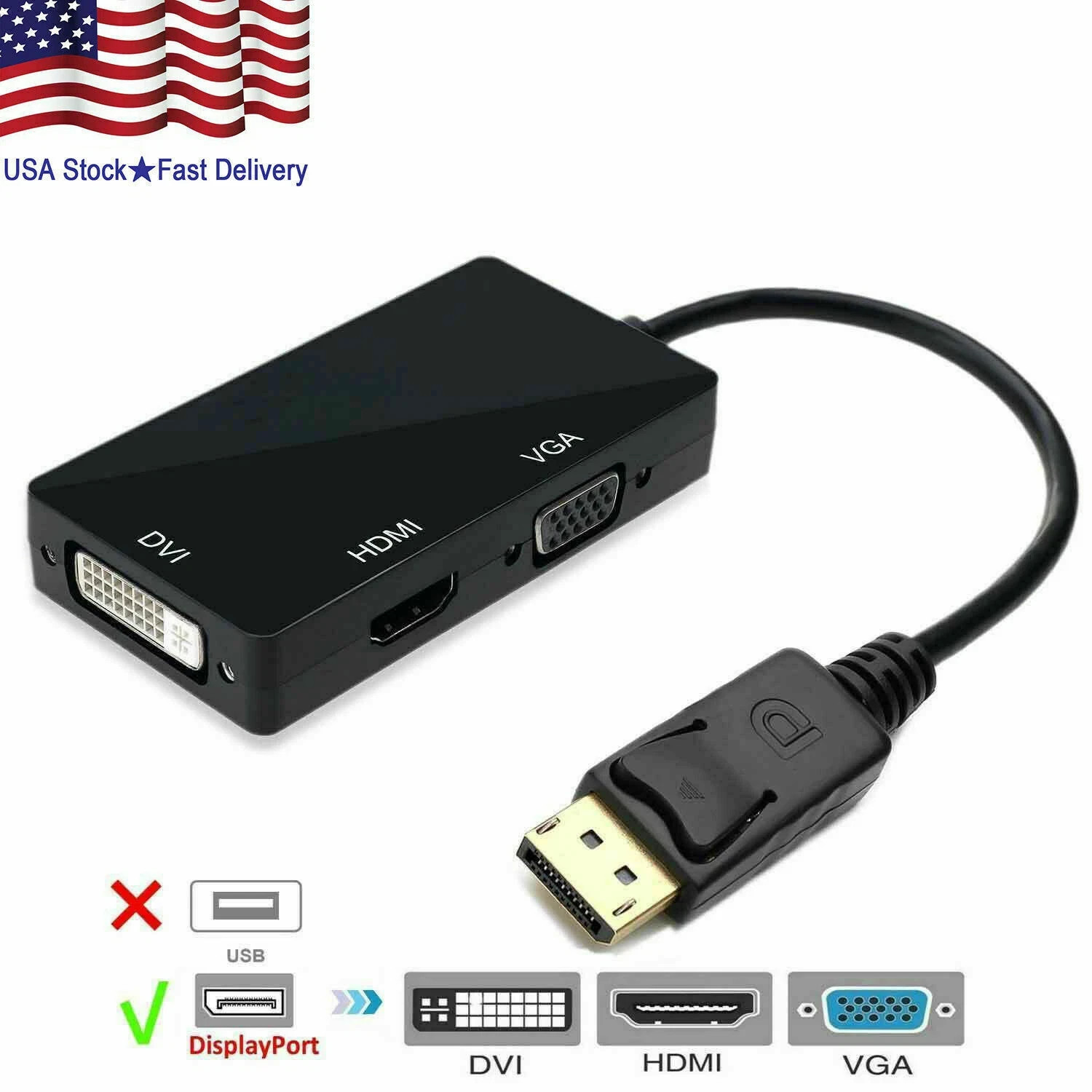 3 In 1 Displayport DP Male To HDMI/DVI/VGA Female Adapter Converter Cable LOT