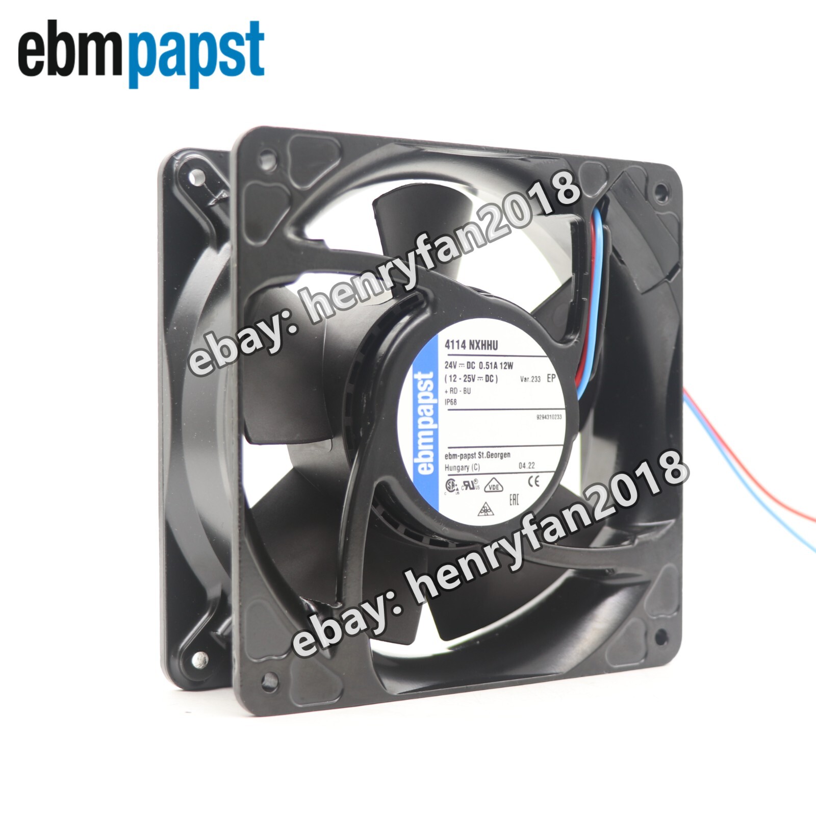 Cabinet Cooling Fan Ebmpapst 4114NXHHU Axial Fan 24V 12W 0.51A IP68 120*120*38MM