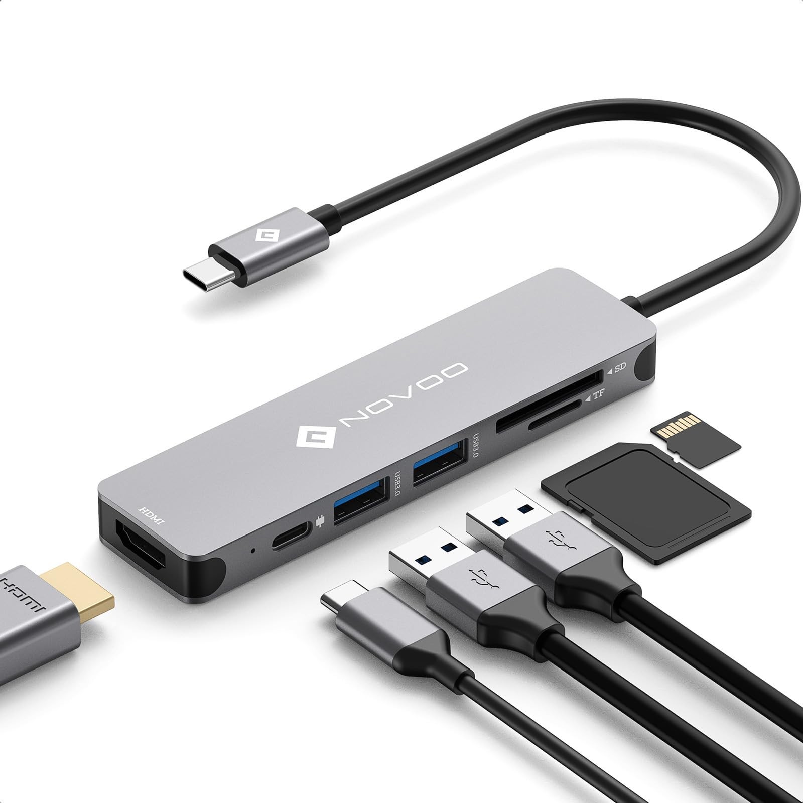 USB C Hub HDMI, MacBook Pro Adapters with 100W PD, NOVOO 6 in 1 6 1, Grey