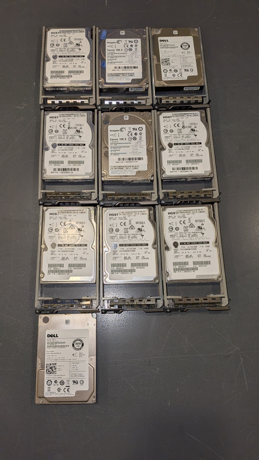 Lot of 10 300Gb 10k 2.5in SAS Hard Drives HDD Dell T630 Drive carriers