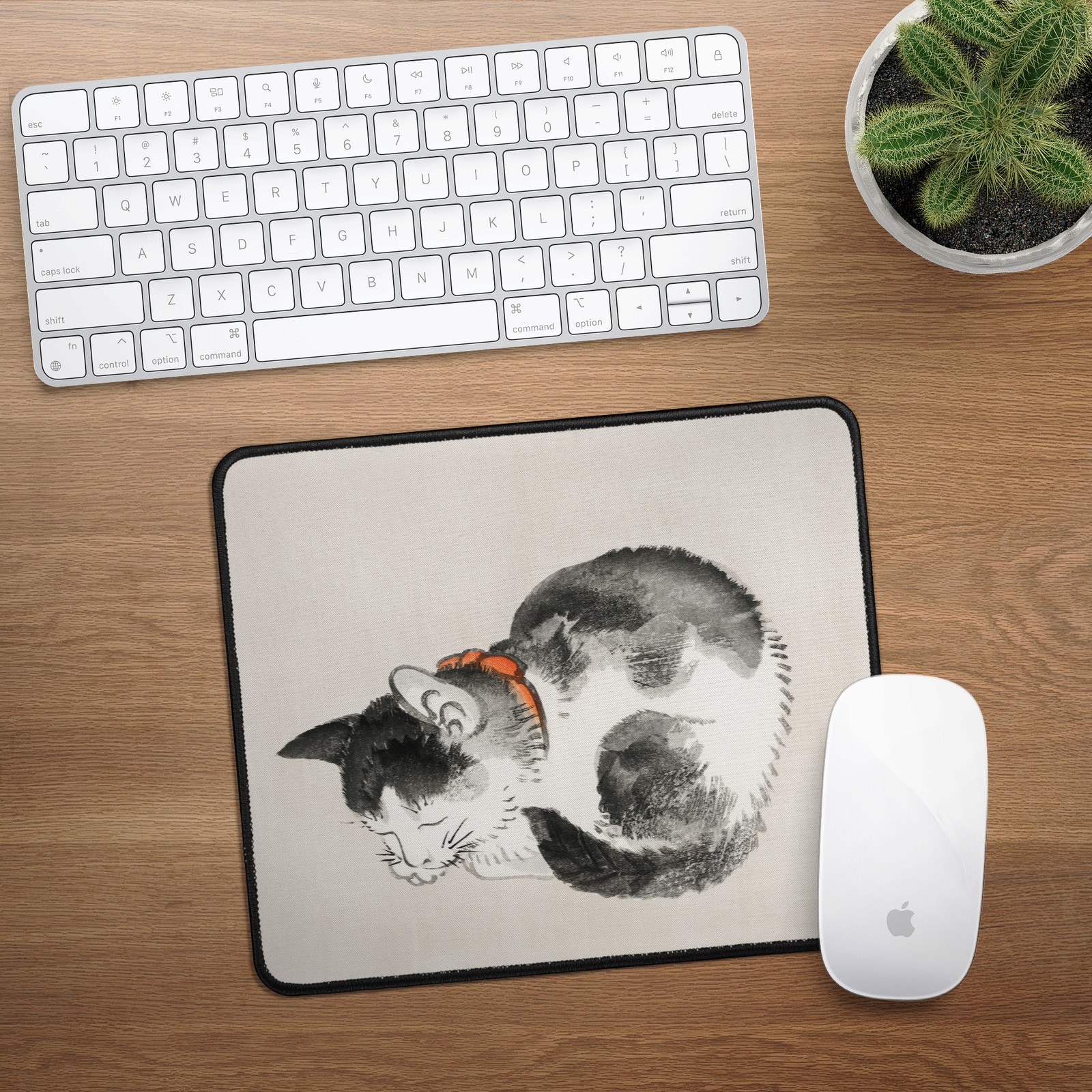 Japanese Art Mousepad Ukiyo-e Sleeping Cat - Black & White Office Mouse Mat