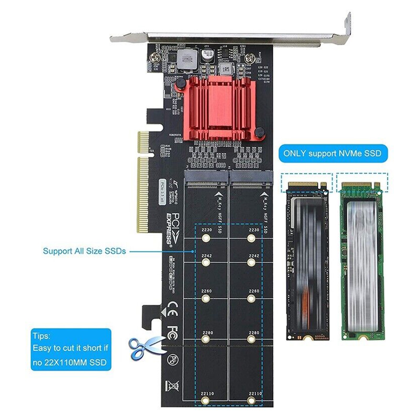 Dual NVMe PCIe Adapter,M.2 NVMe SSD to PCI-E 3.1 X8/X16 Card Support M.2