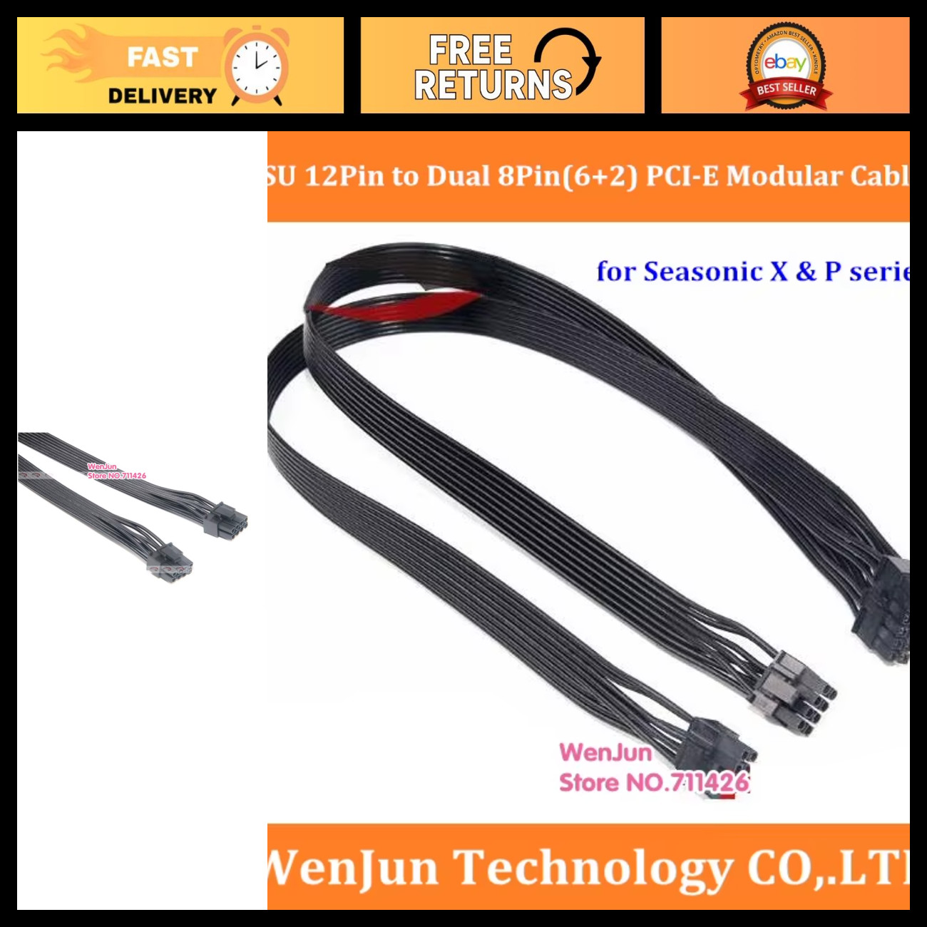 60cm Black 12Pin PSU to Dual 8(6+2) PCI-E Graphics Card Power Supply Cable