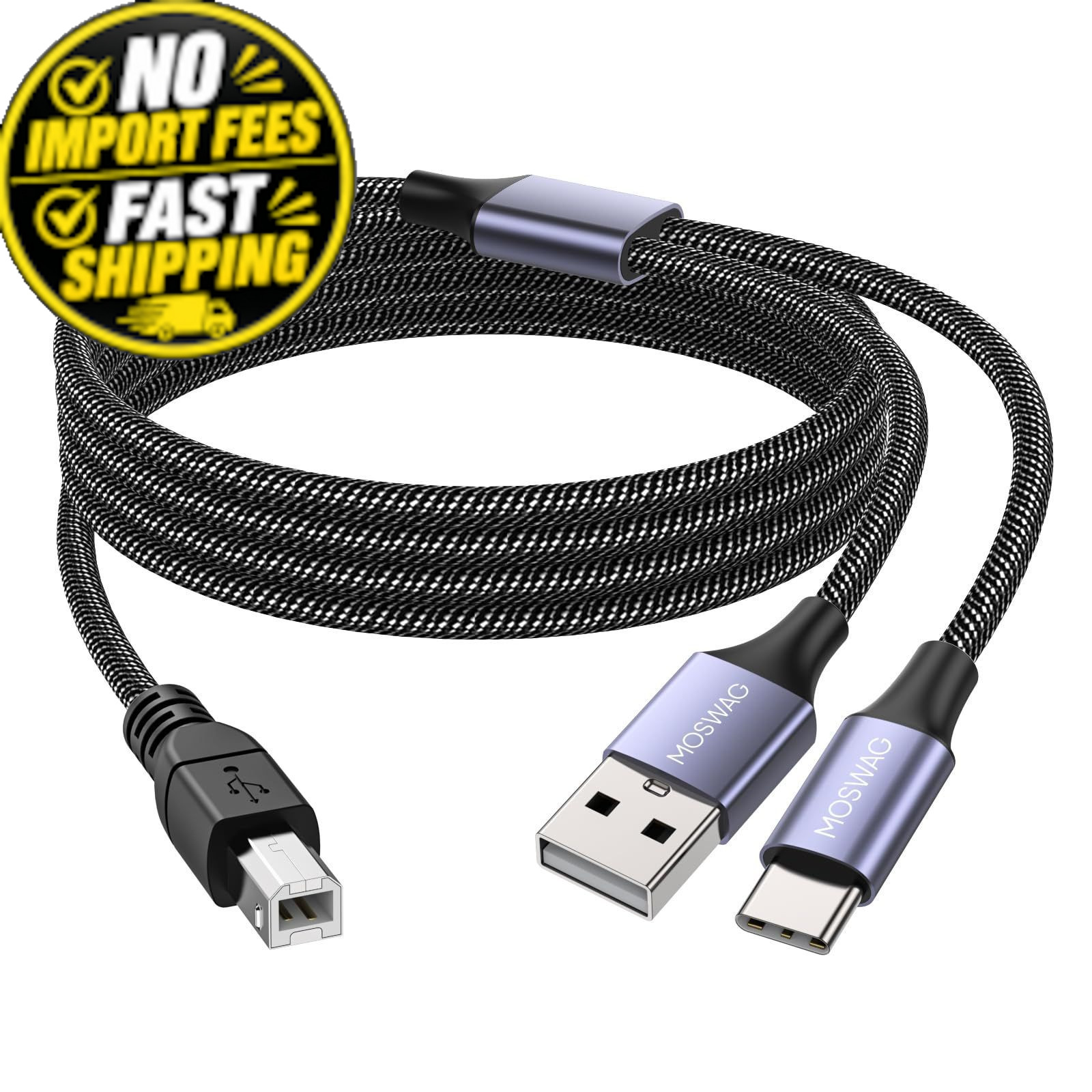 MOSWAG 2in1 USB C to B Printer Cable 5Feet/1.5M with ['1.5 meters'], Black