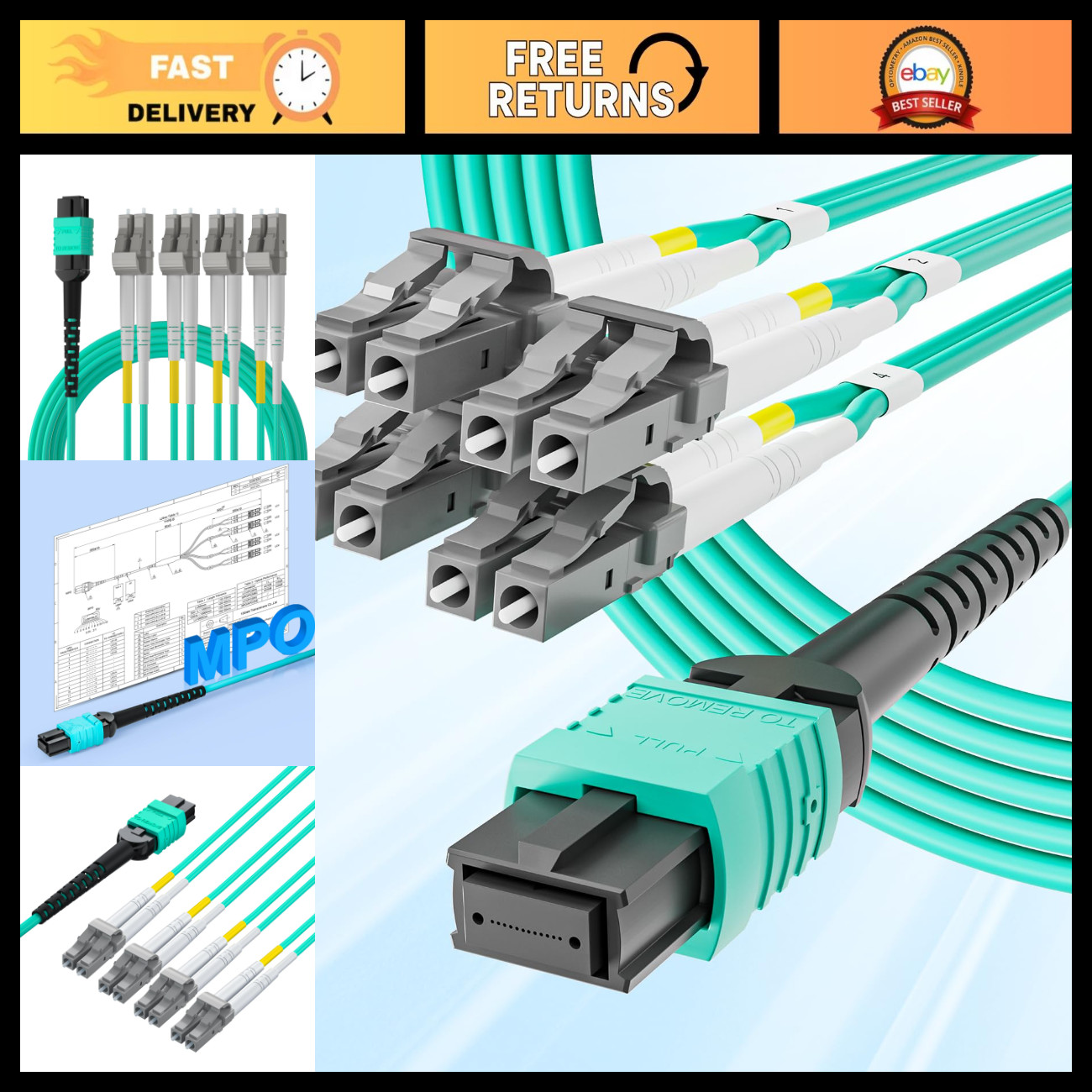 10G 2m MPO to 8xLC Fiber Optic Patch Cord, OM3 MMF Jumper Cable, QSFP+ Compatibl