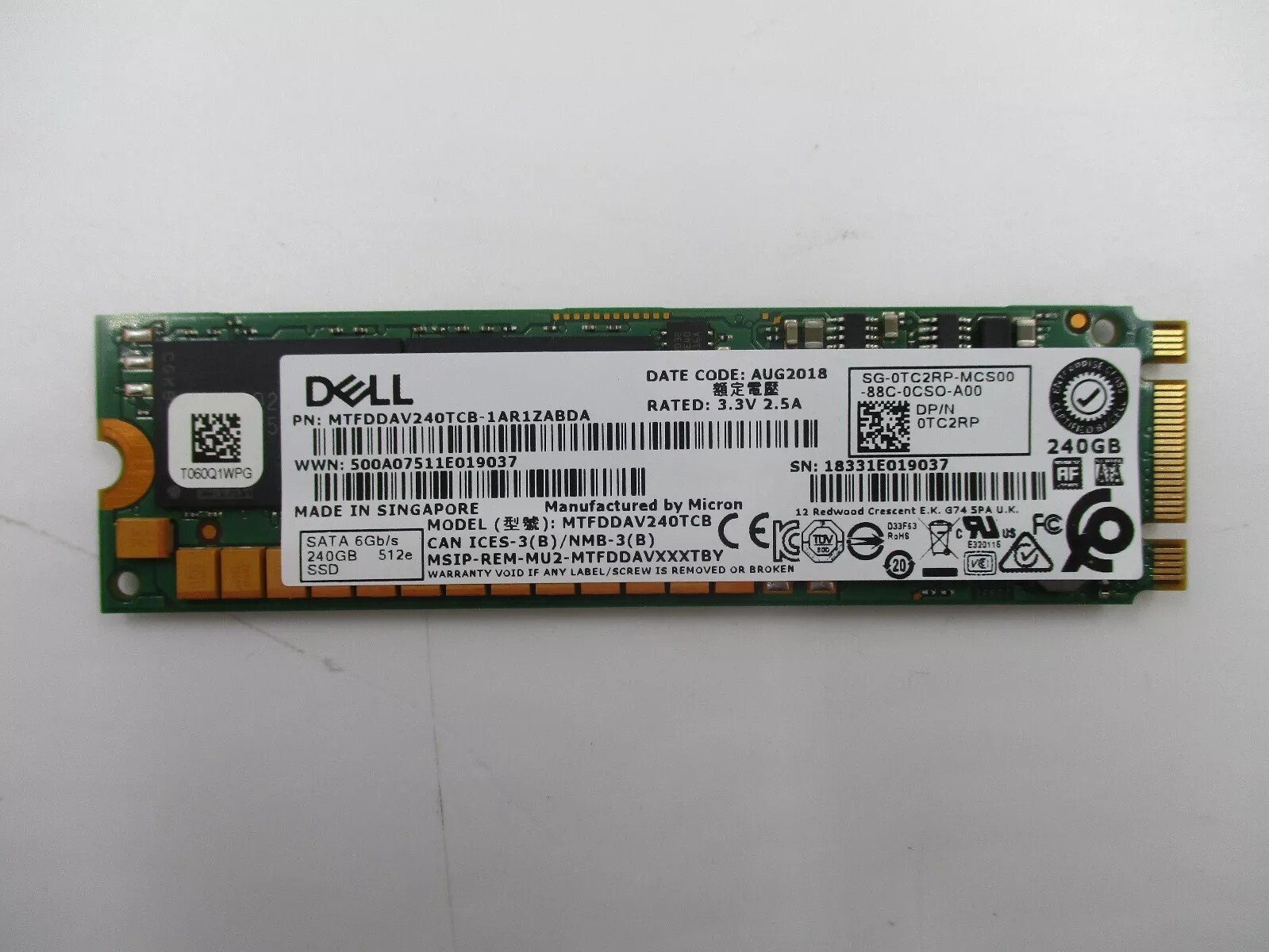 DELL MTFDDAV240TCB 240GB M.2 6Gbps SATA SSD SERVER POWEREDGE P/N:0TC2RP Tested