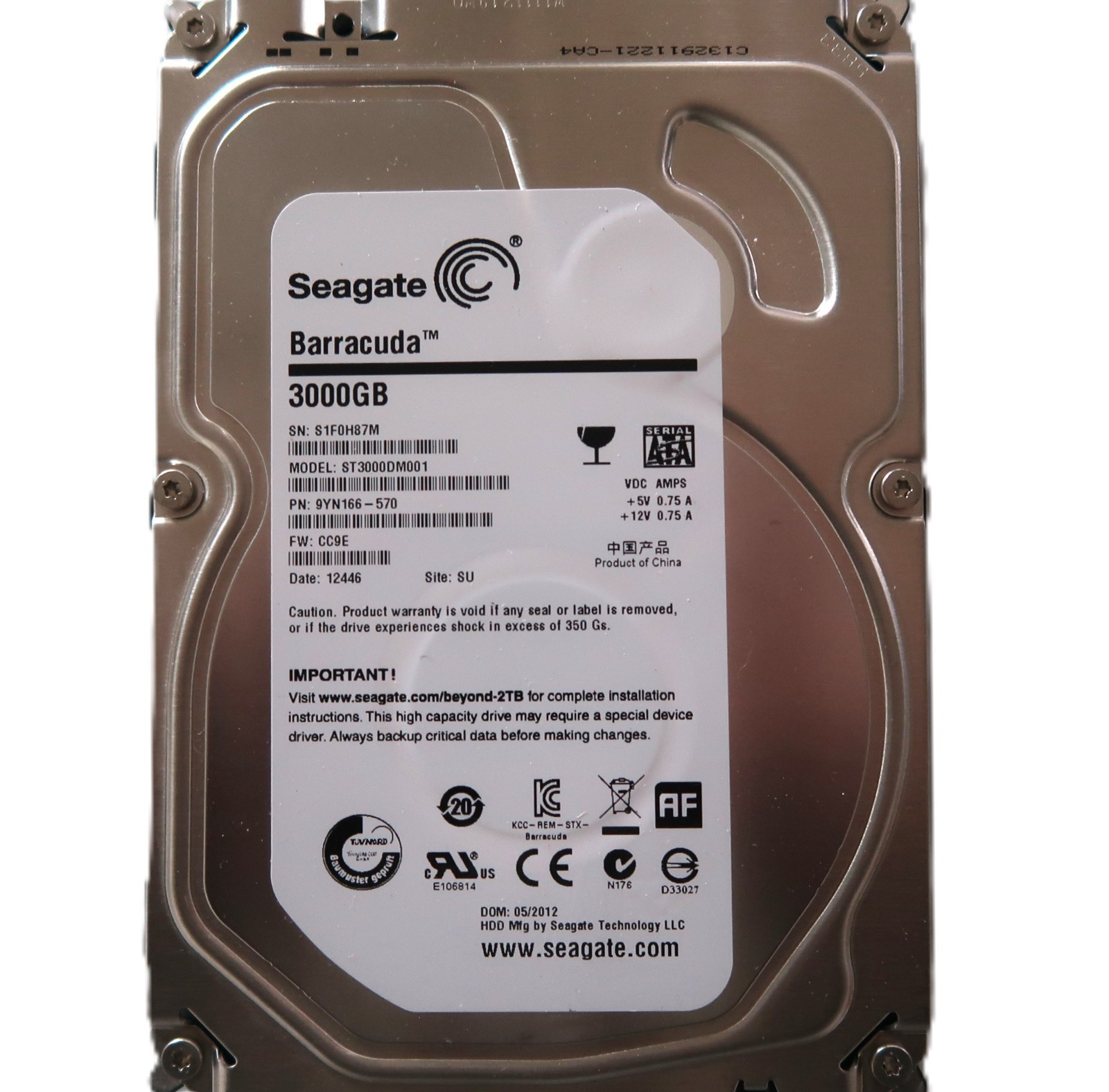 Seagate ST3000DM001 9YN166-570 CC9E (S1F0) SU China 3TB 3.5" Sata HDD 05/2012