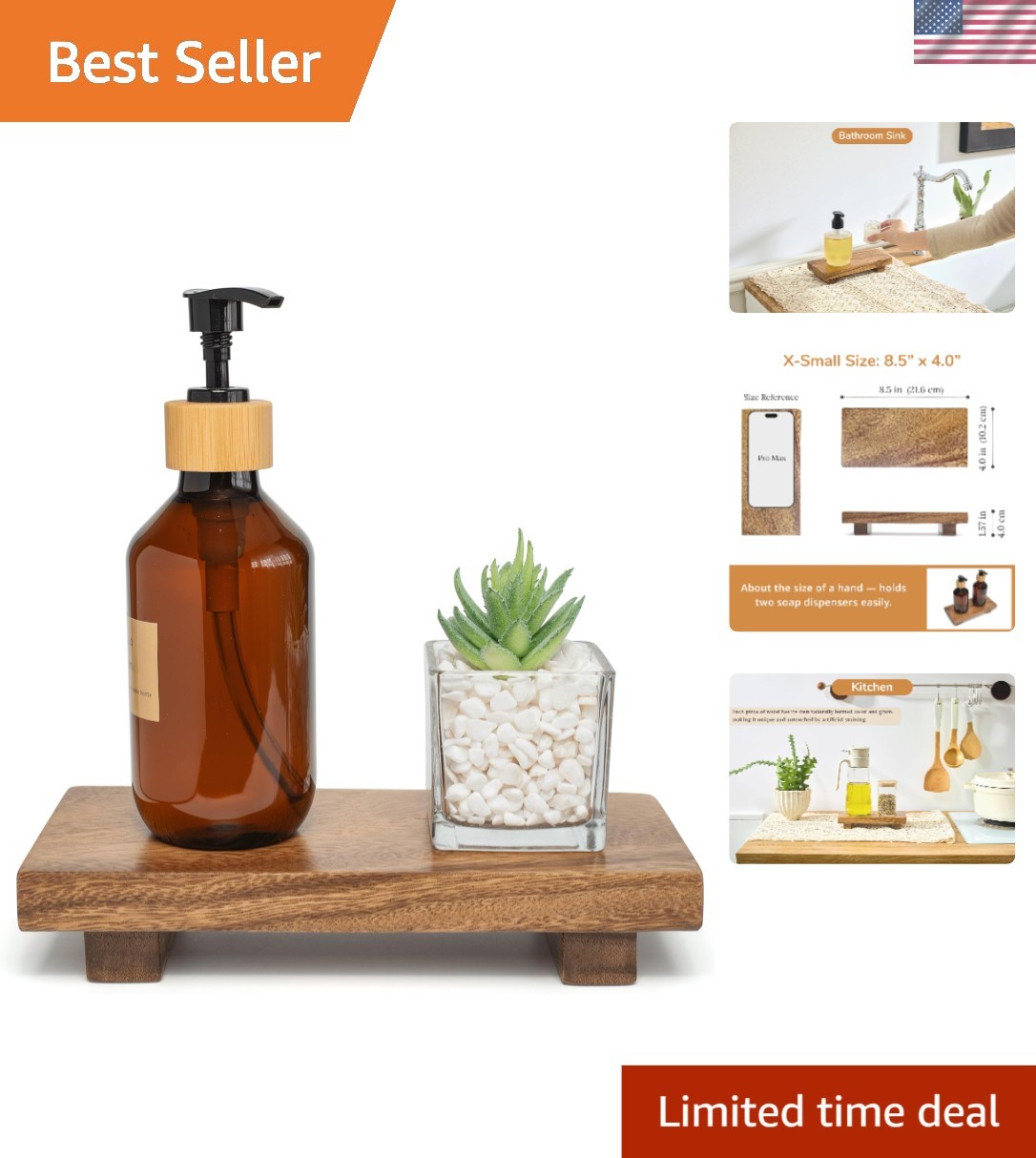 Versatile Pedestal Stand: X-Small Acacia Wood Tray for Kitchen & Bathroom Decor