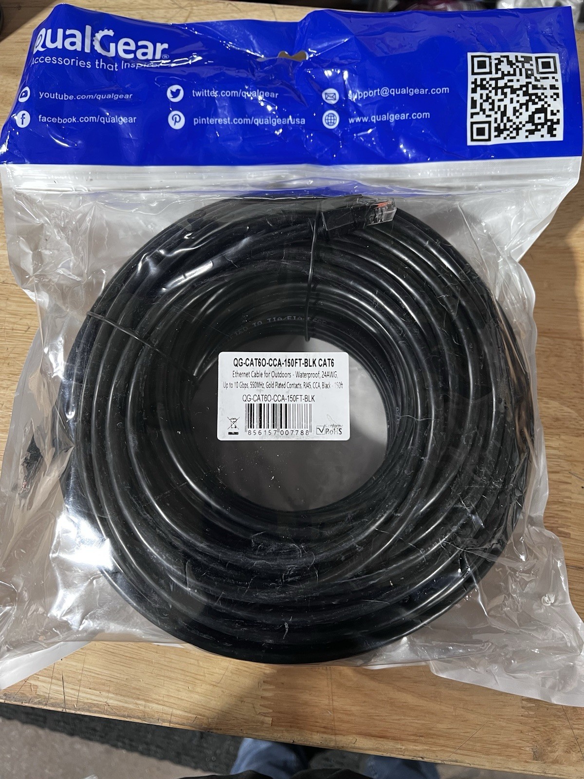 QualGear Cat 6O-CCA-150ft Blk Cat6  Ethernet Cable Outdoors- Waterproof 24AWG