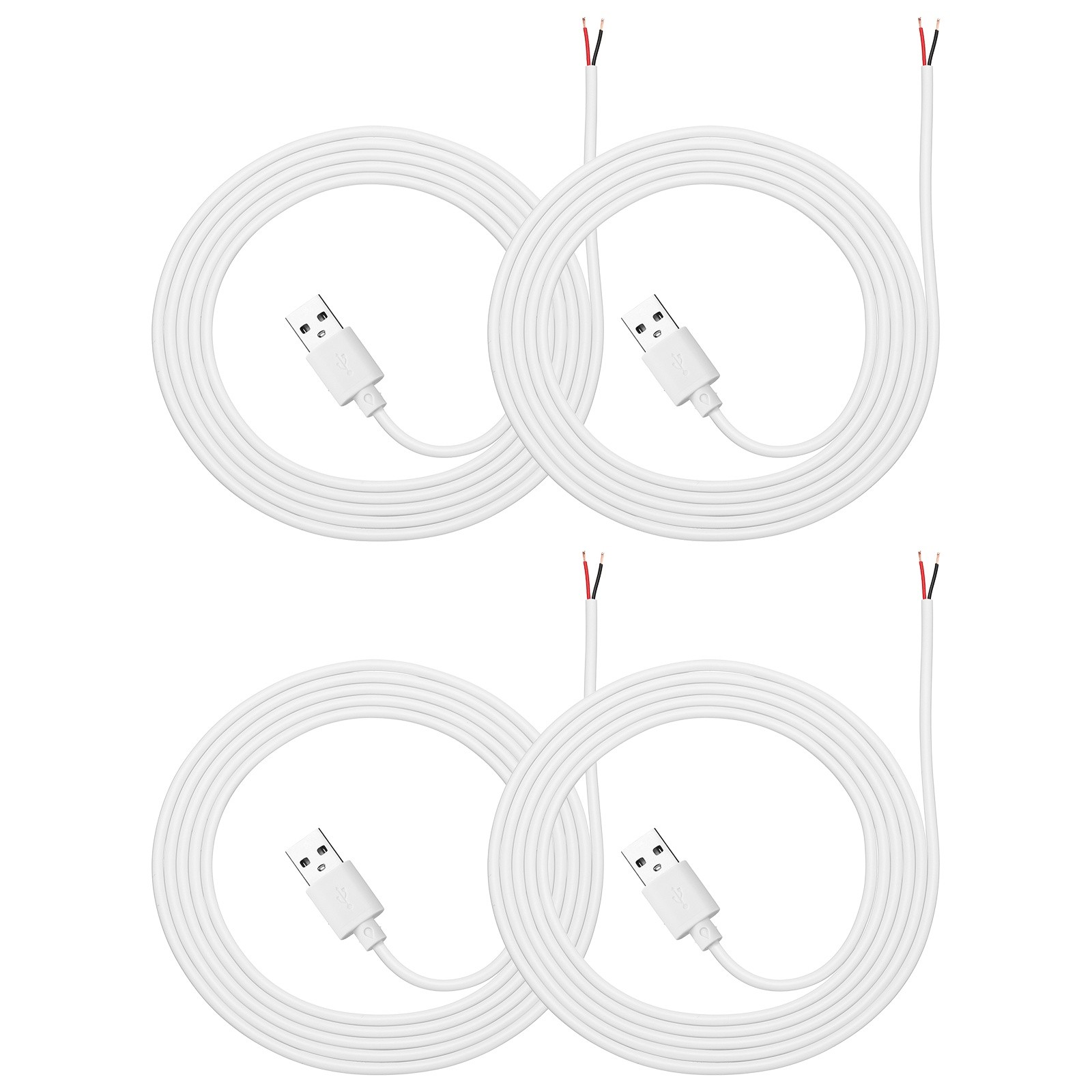 4Pcs 1.5m/4.92Ft USB Pigtail Cable, 5V 2.4A USB A to 2 Pin Bare Wires, White