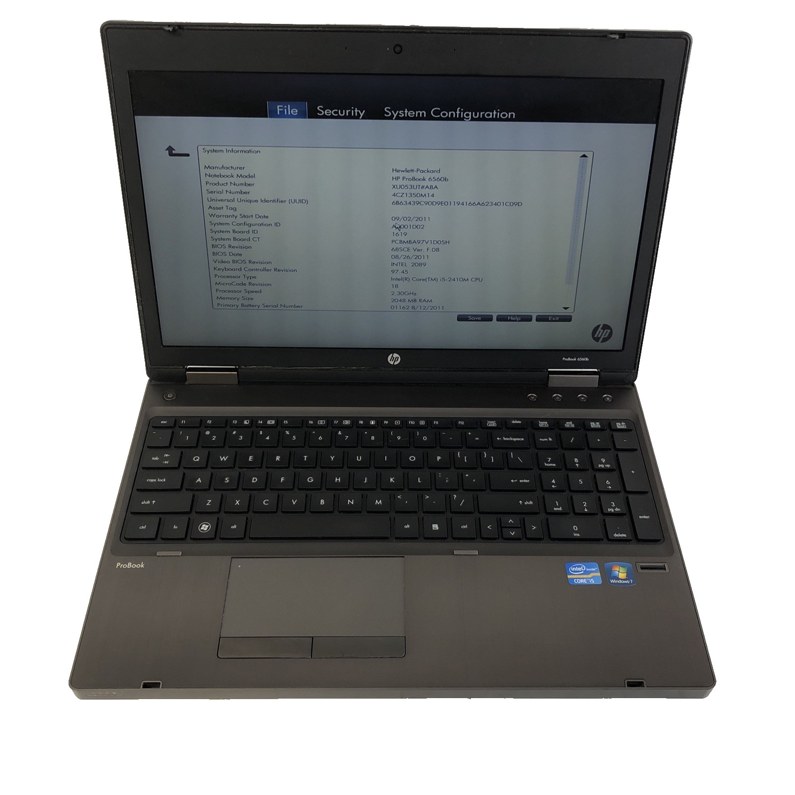 HP Probook 6560B i5-2410M 2.3 Ghz 2 GB Ram No Hard drive or o.s.