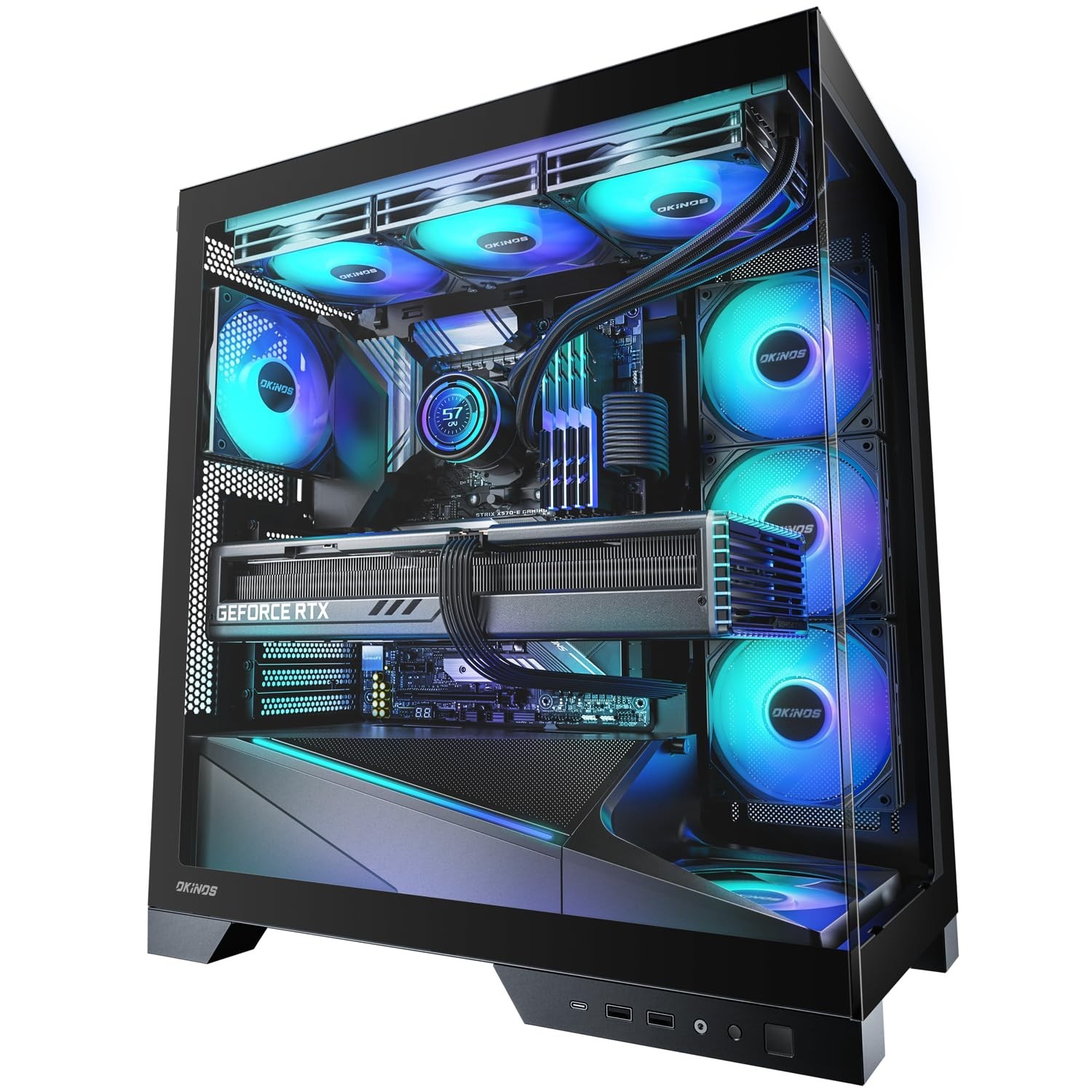Okinos Aqua 9, ATX PC Case, 5 × 120mm ARGB PWM Fan Pre-Installed, Support T