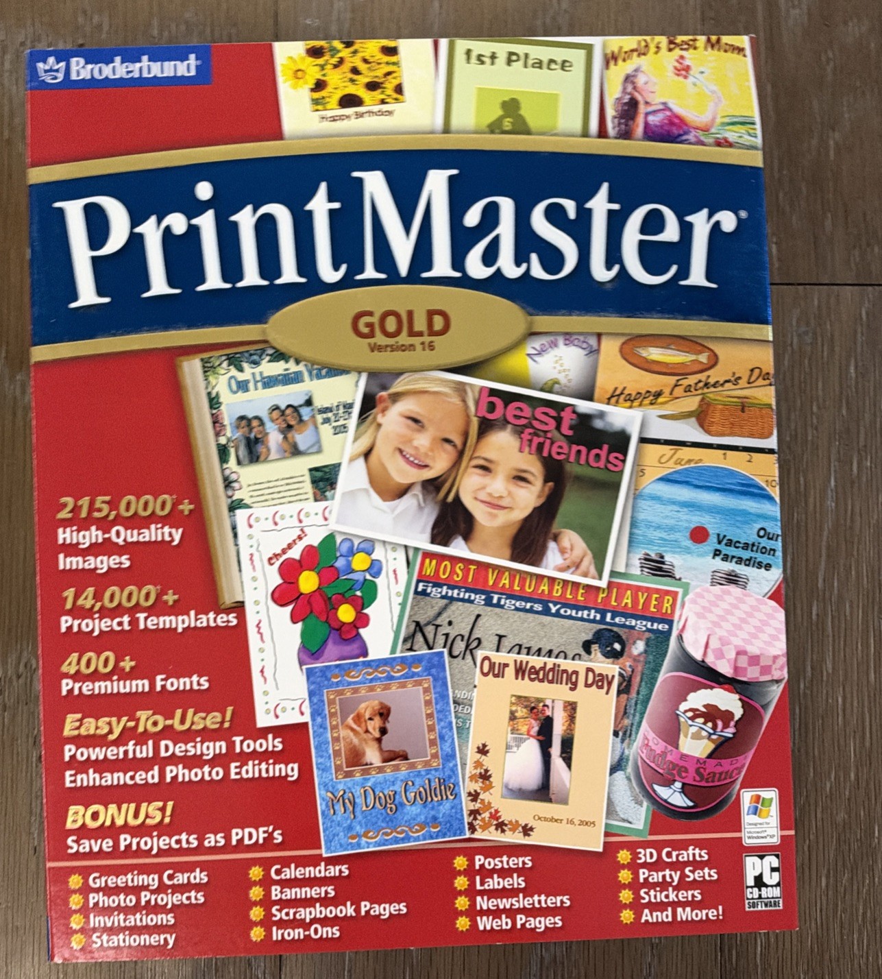 Broderbund PrintMaster Gold 16 + Bonus Click Art Fonts 2. PC CD