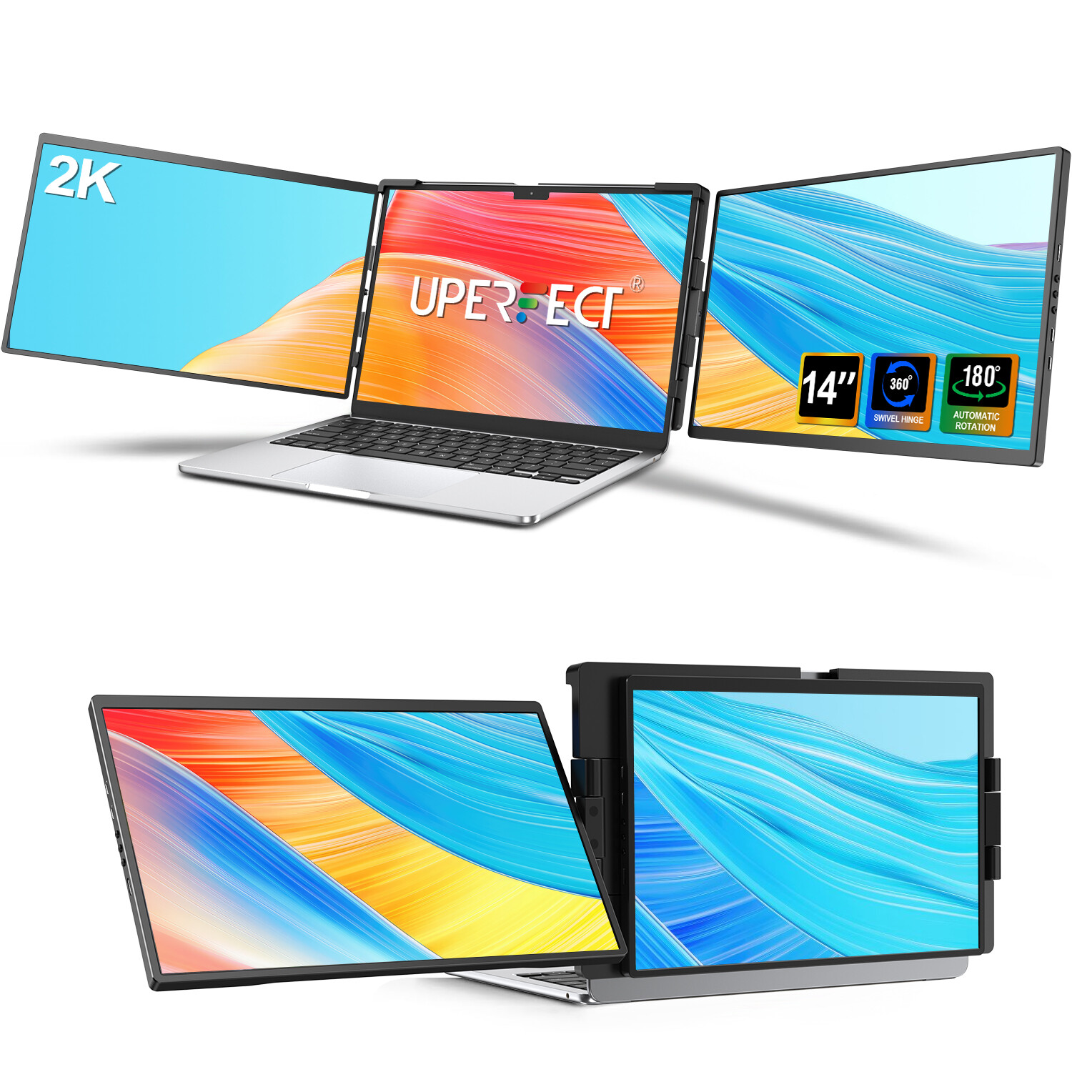 UPERFECT 14" Triple Portable Monitor 2K Laptop Monitor Extender Dual Screen