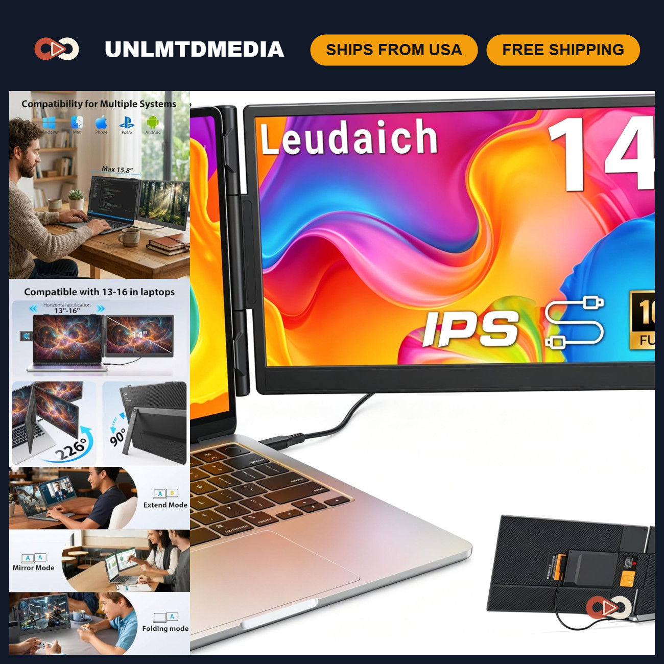 14" FHD 1080P Portable Laptop Screen Extender Dual Monitor USB-C/HDMI Plug & Pla