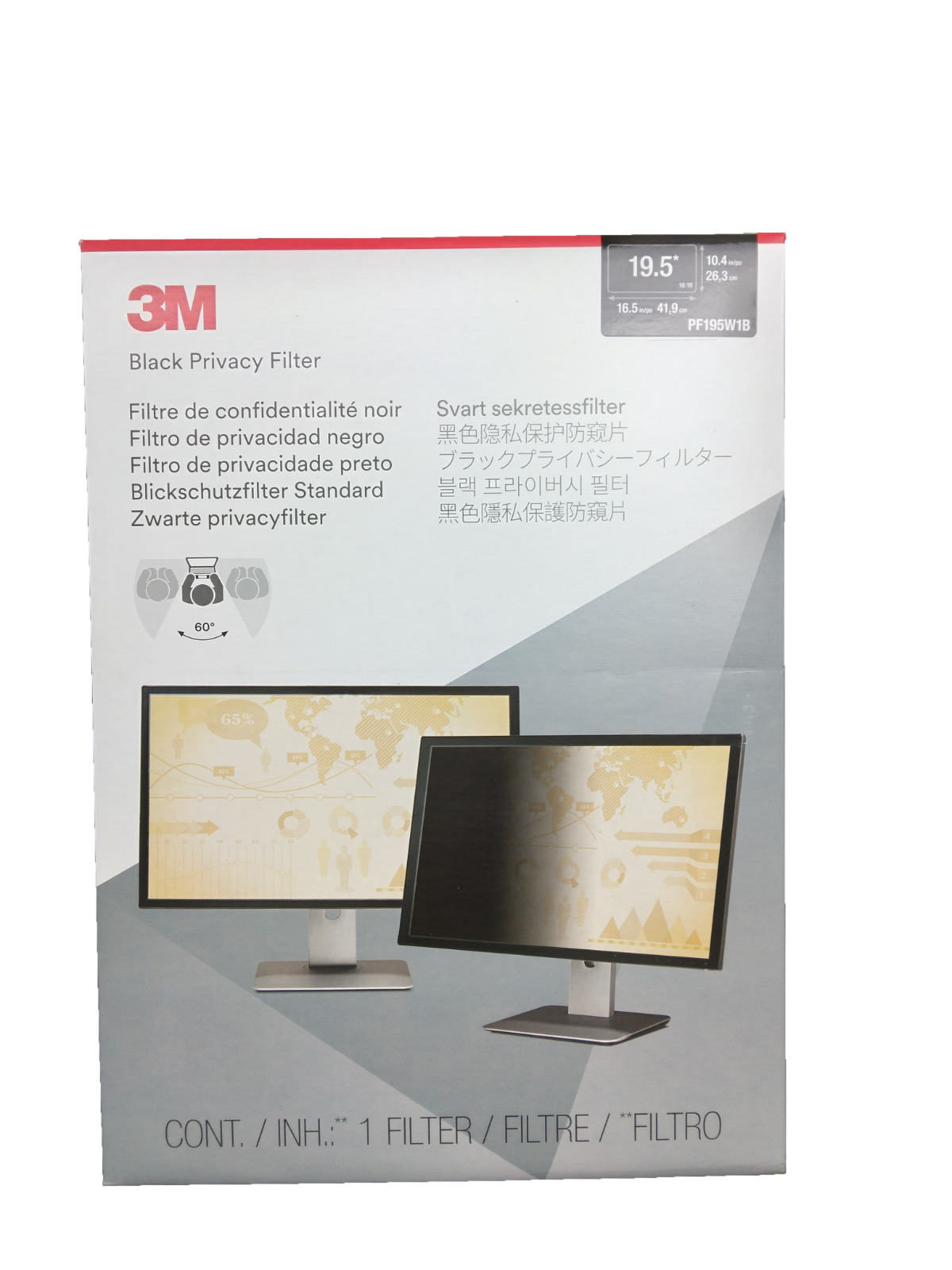 3M Black Privacy Filter for 19.5 inch Widescreen LCD Monitors PF195W1B (New)