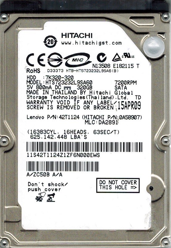 Hitachi HTS723232L9SA60 P/N: 0A58907 MLC: DA2891 320GB