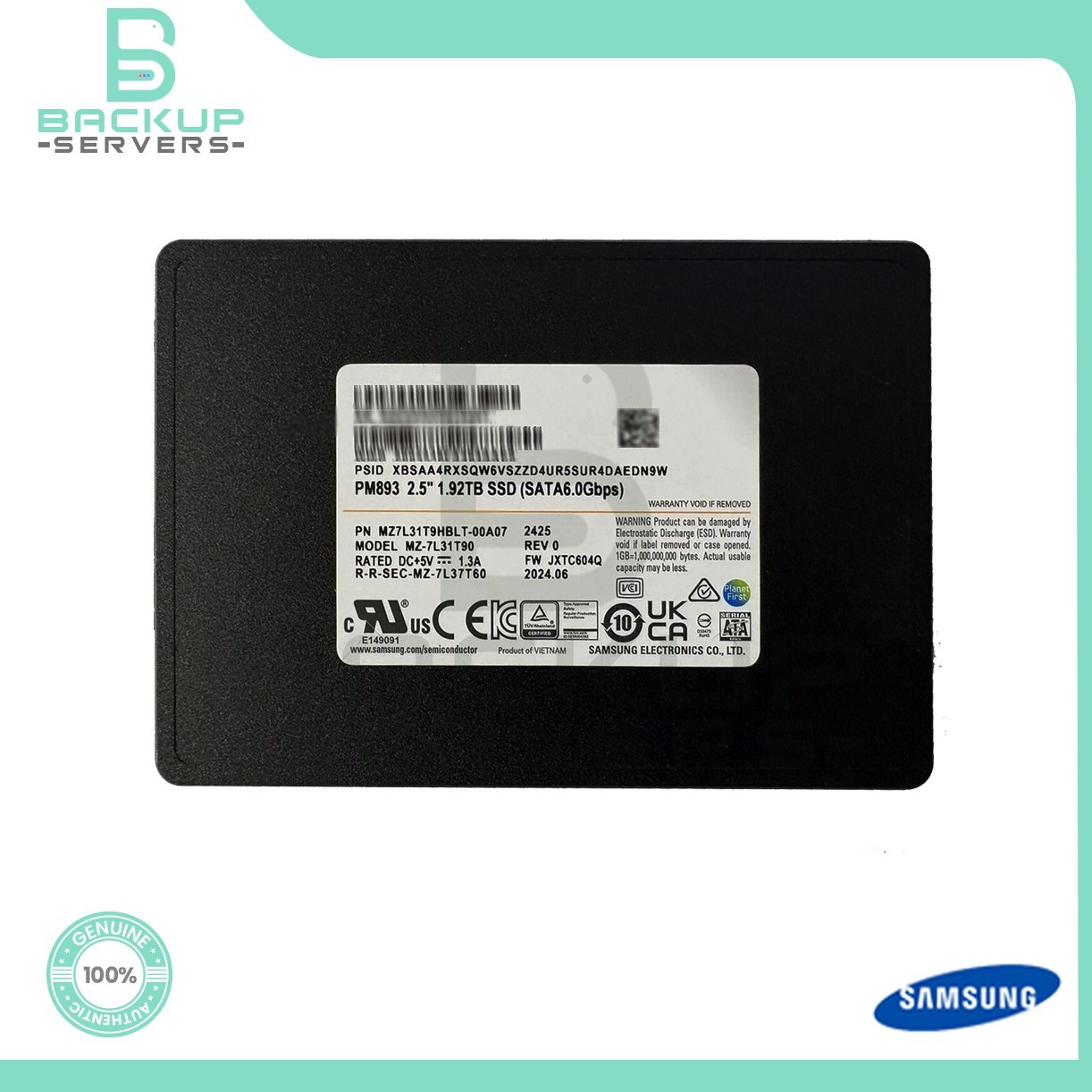 MZ-7L31T90 Samsung PM893 1.92TB 2.5" 6Gbps SATA SSD MZ7L31T9HBLT-00A07