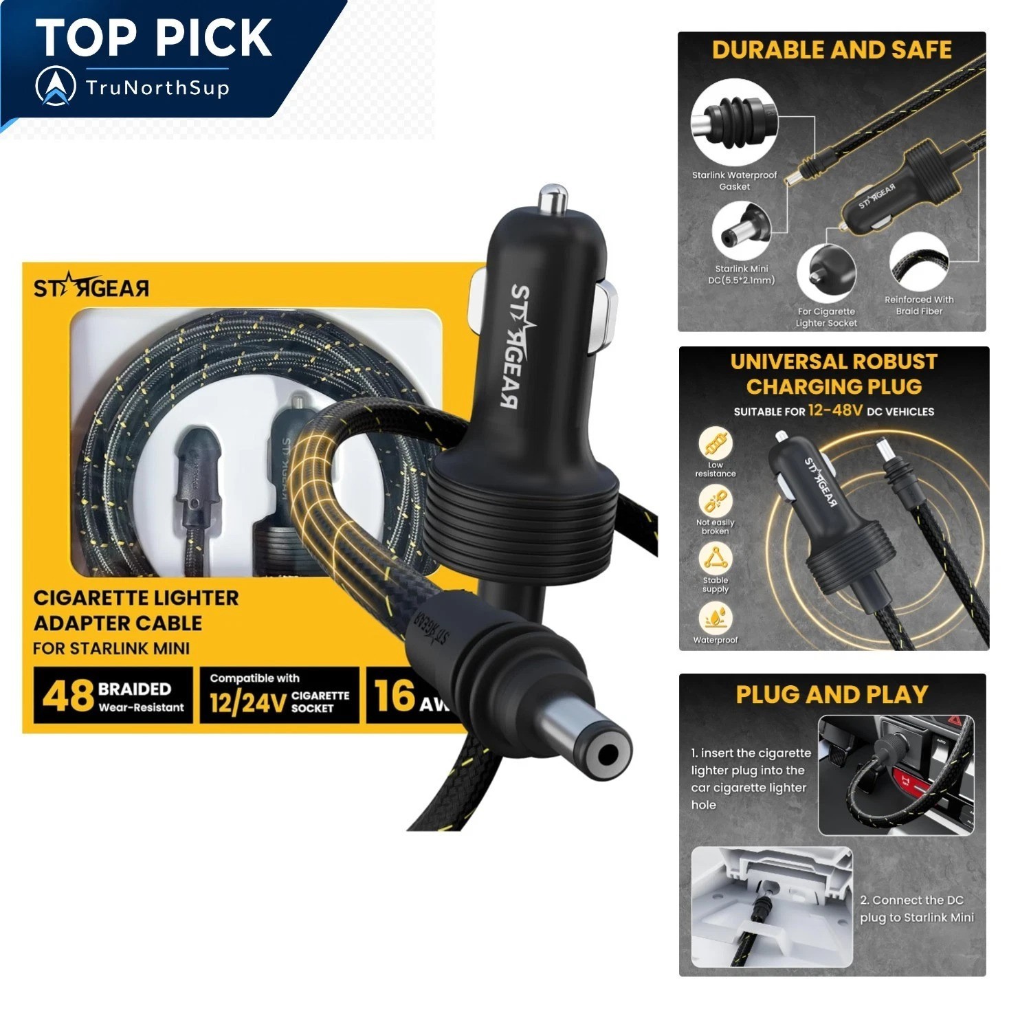 Starlink Mini Car Adapter 12V Power Cable 10ft Braided Lighter to DC for Star...