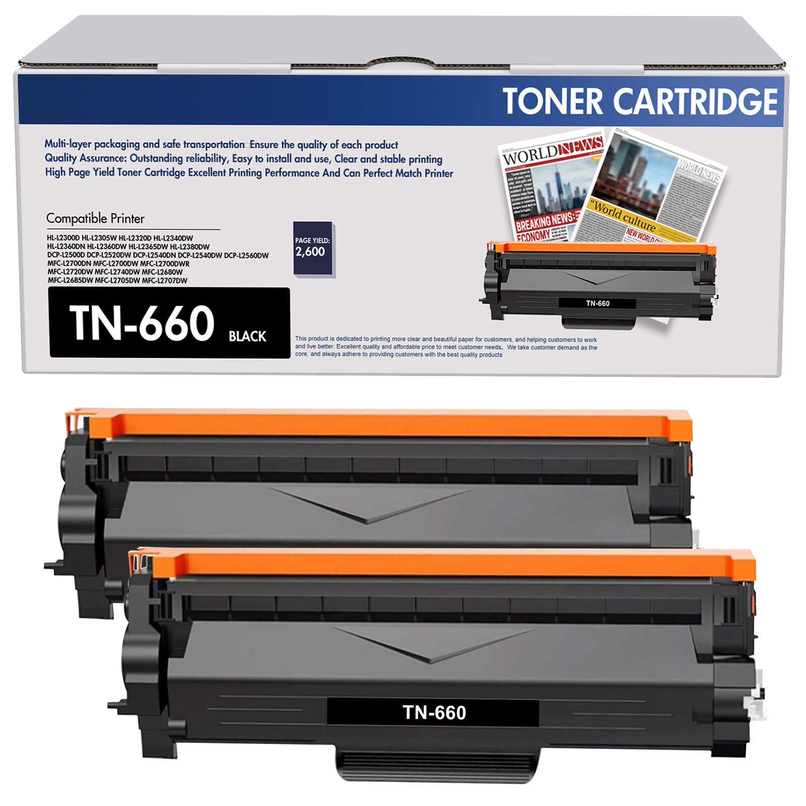 2 Pcs Toner Cartridge TN660 High Yield Fit For Brother MFC-L2680W DCP-L2540DW
