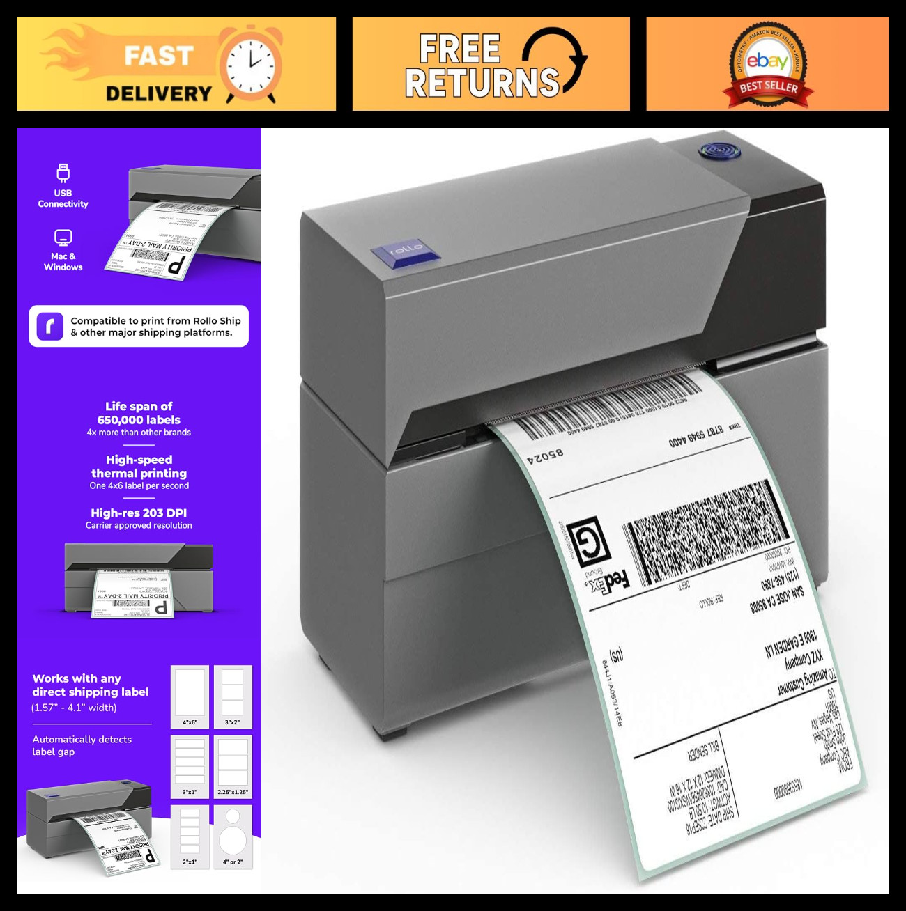 4x6 Thermal Label Printer - High-Speed USB Shipping Label Maker for Small Busine