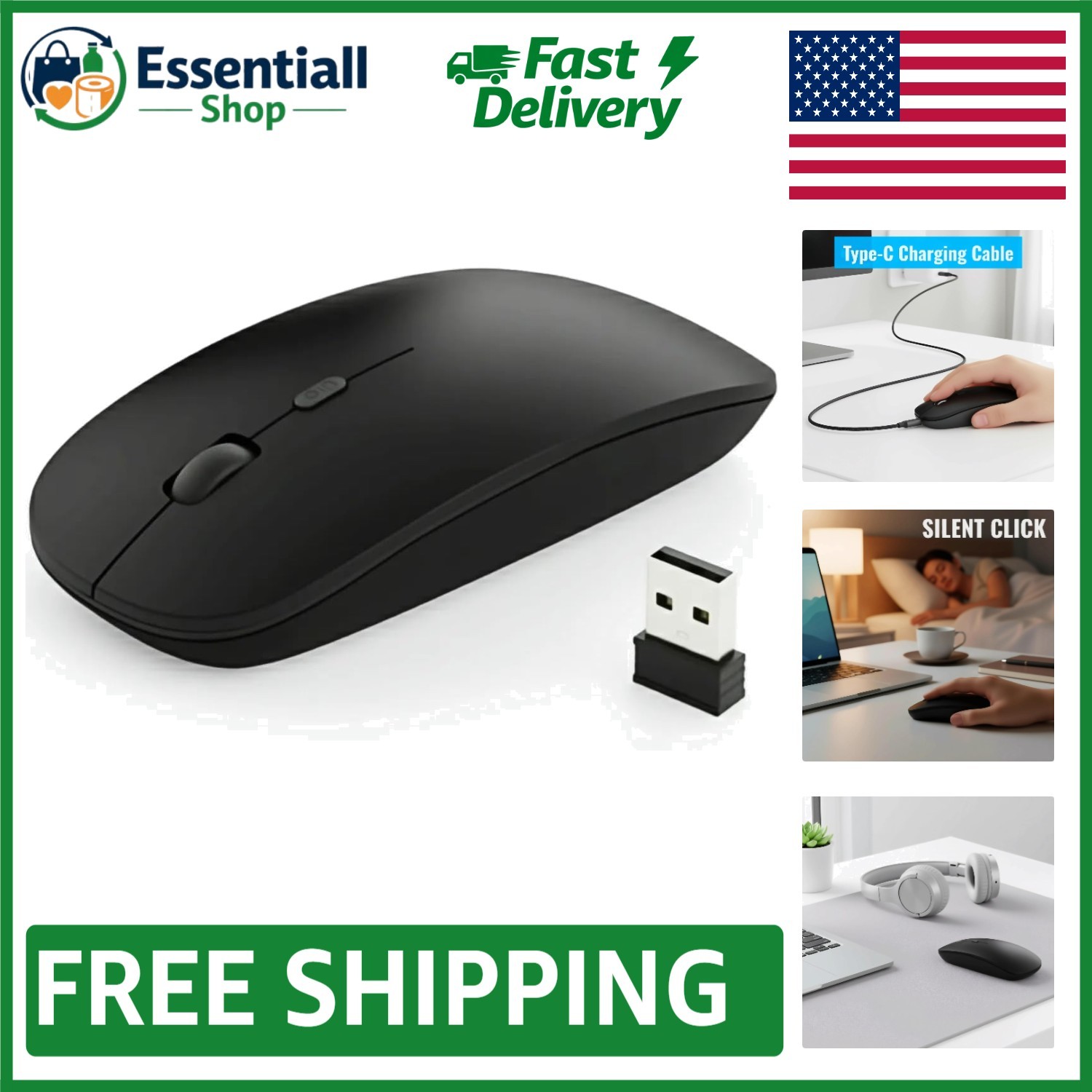 Portable Ultra-Thin Wireless Ergonomic Mouse - 6 Buttons, 1600 DPI, Black
