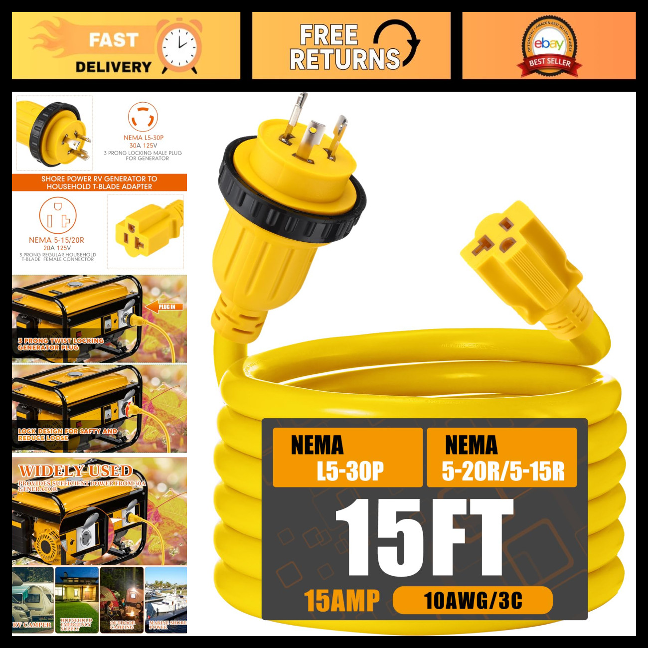 15FT 30A to 15A Marine Shore Power Adapter Extension Cord - Heavy Duty, Waterpro