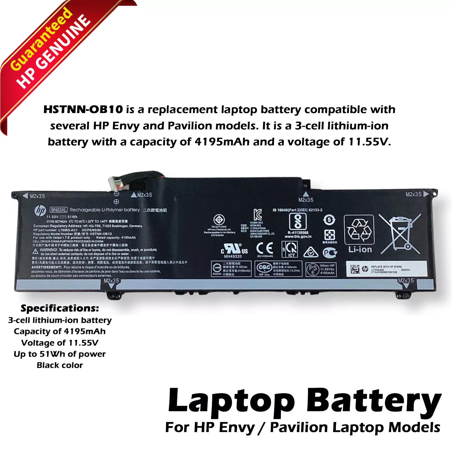 New Genuine HP 11.5V 51Wh Laptop Battery BN03XL L77034-006